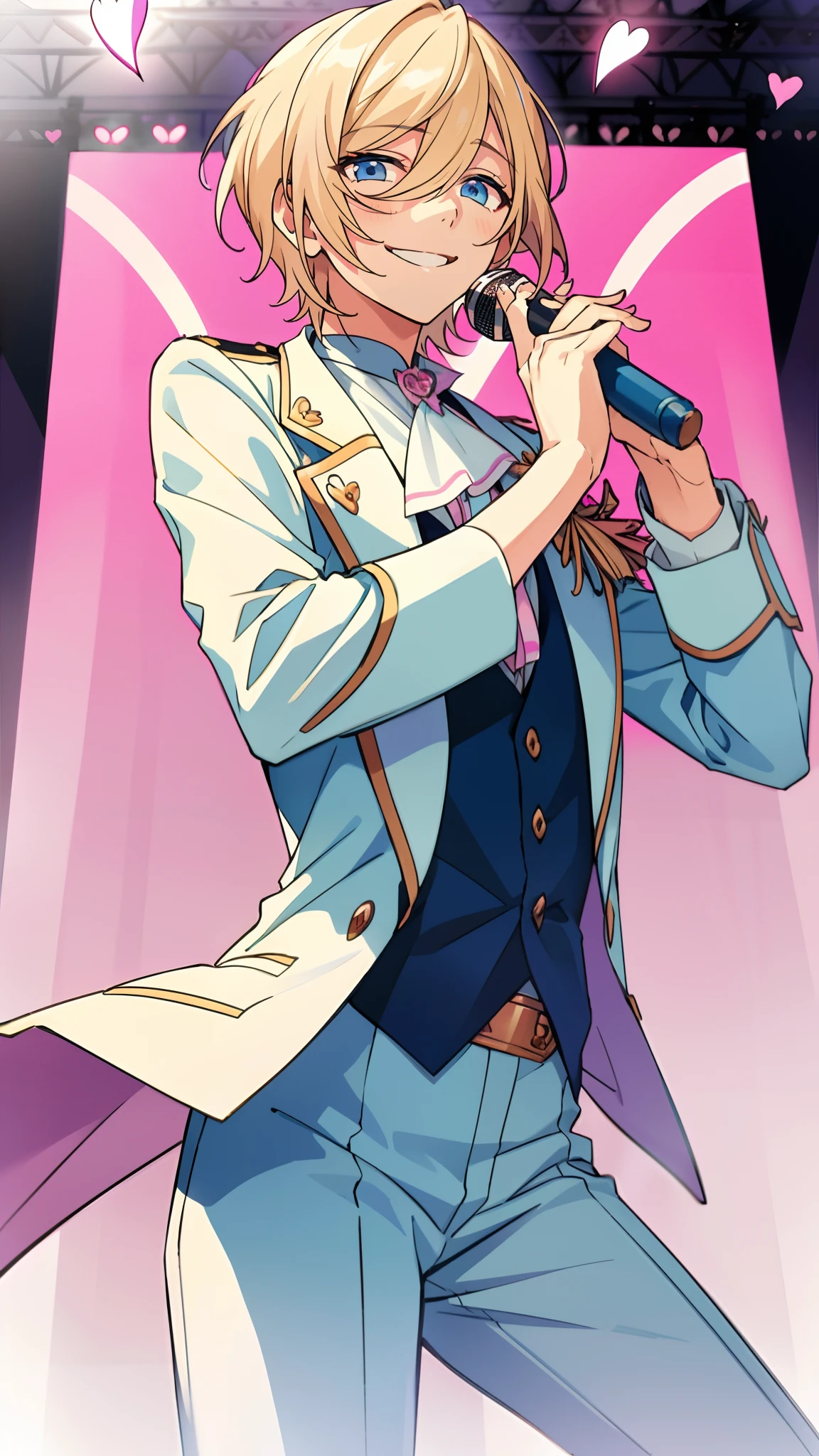 masterpiece, best quality, absurdres, tenshouin eichi, blond hair, short hair, blue eyes, ,cool, have a microphone, happy, smile at me, idol,  ultra-detailed, 1boy, solo, ensemble stars, on stage, pink and white idol outfit, hearts, ascot