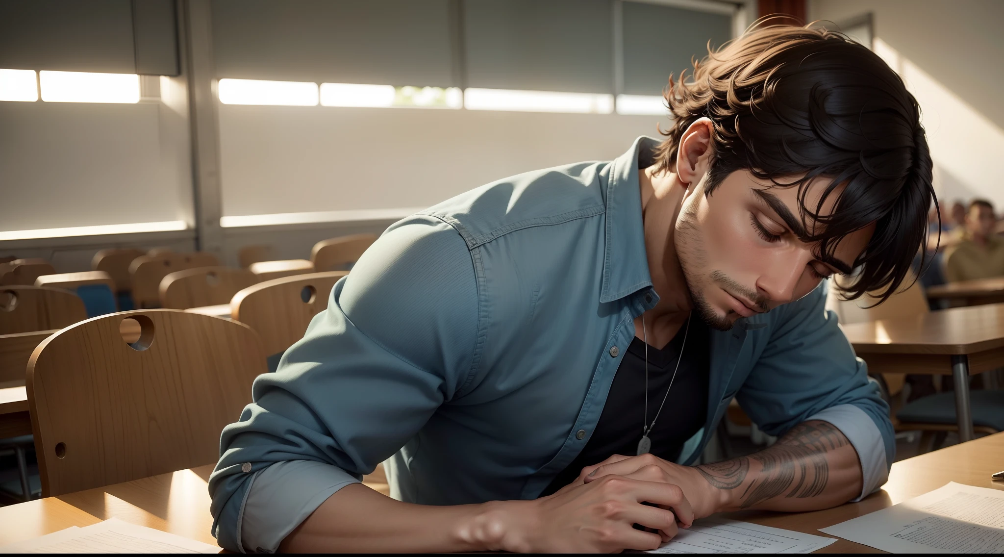 Um homem sentado sozinho em uma sala de aulas vazia, but the man is sleeping