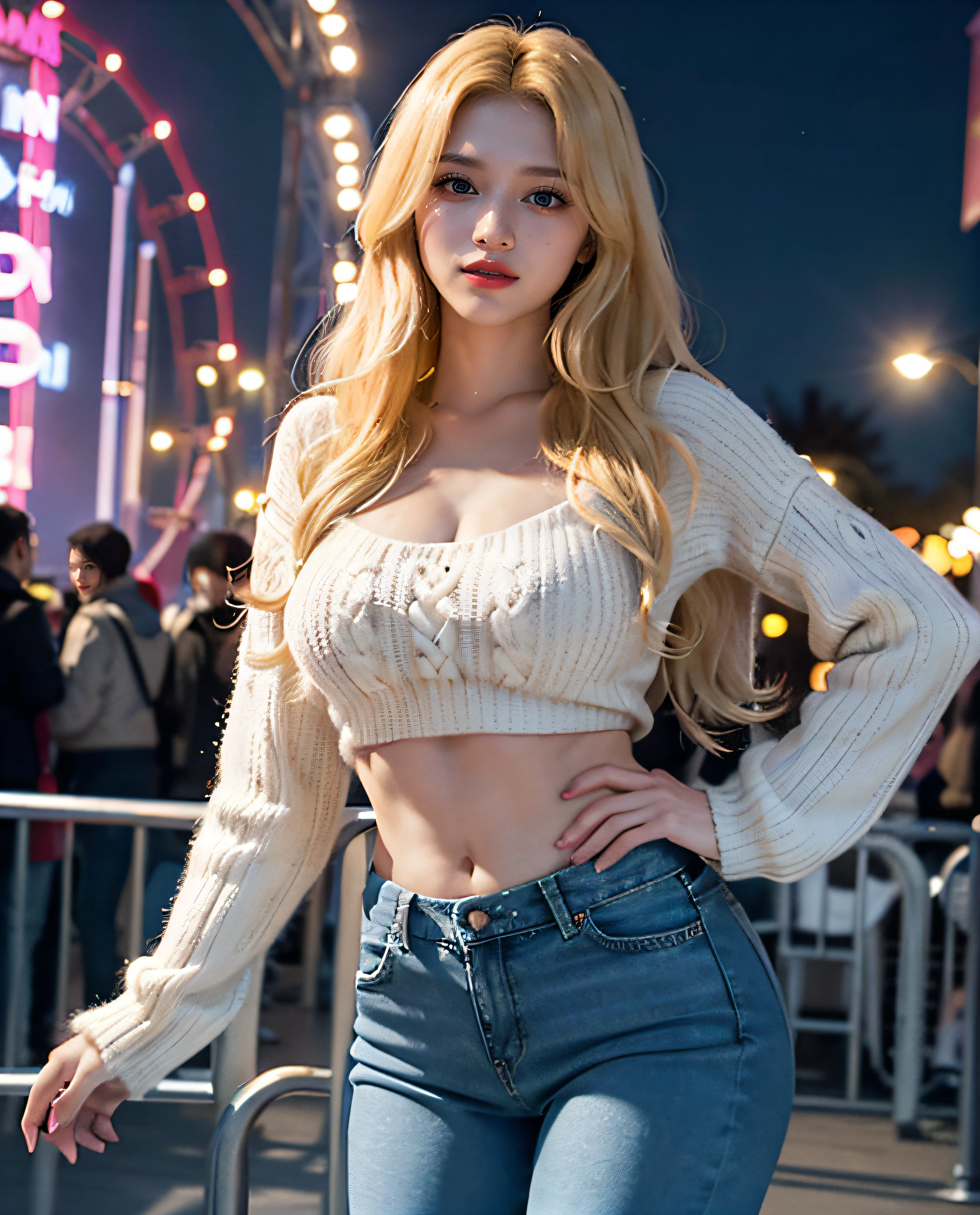 1girl, (Blue Eyes), smiling, (Sana Minatozaki), wide hips, Big Boobs, big ass, (Best Quality, 8k, Masterpiece: 1.3), perfect hands, Clear Focus: 1.2, Perfect Body Beauty: 1.4 , Slender Abs: 1.2, Highly detailed face and skin texture, detailed eyes, double eyelids, red lips, (blonde long hair), (very long sweater), tight jeans, standing, dynamic pose, in an amusement park at night illuminated by the lights of the games, Colored lights, deep on field