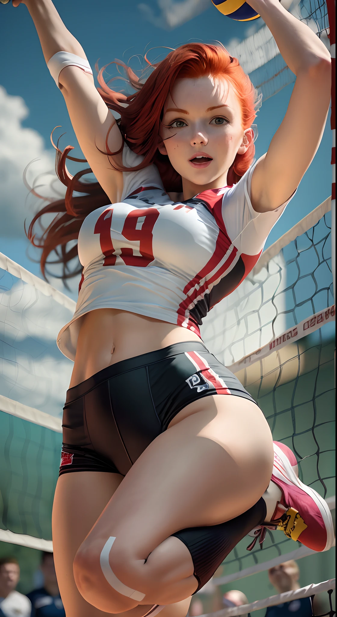 Redhead playing volleyball