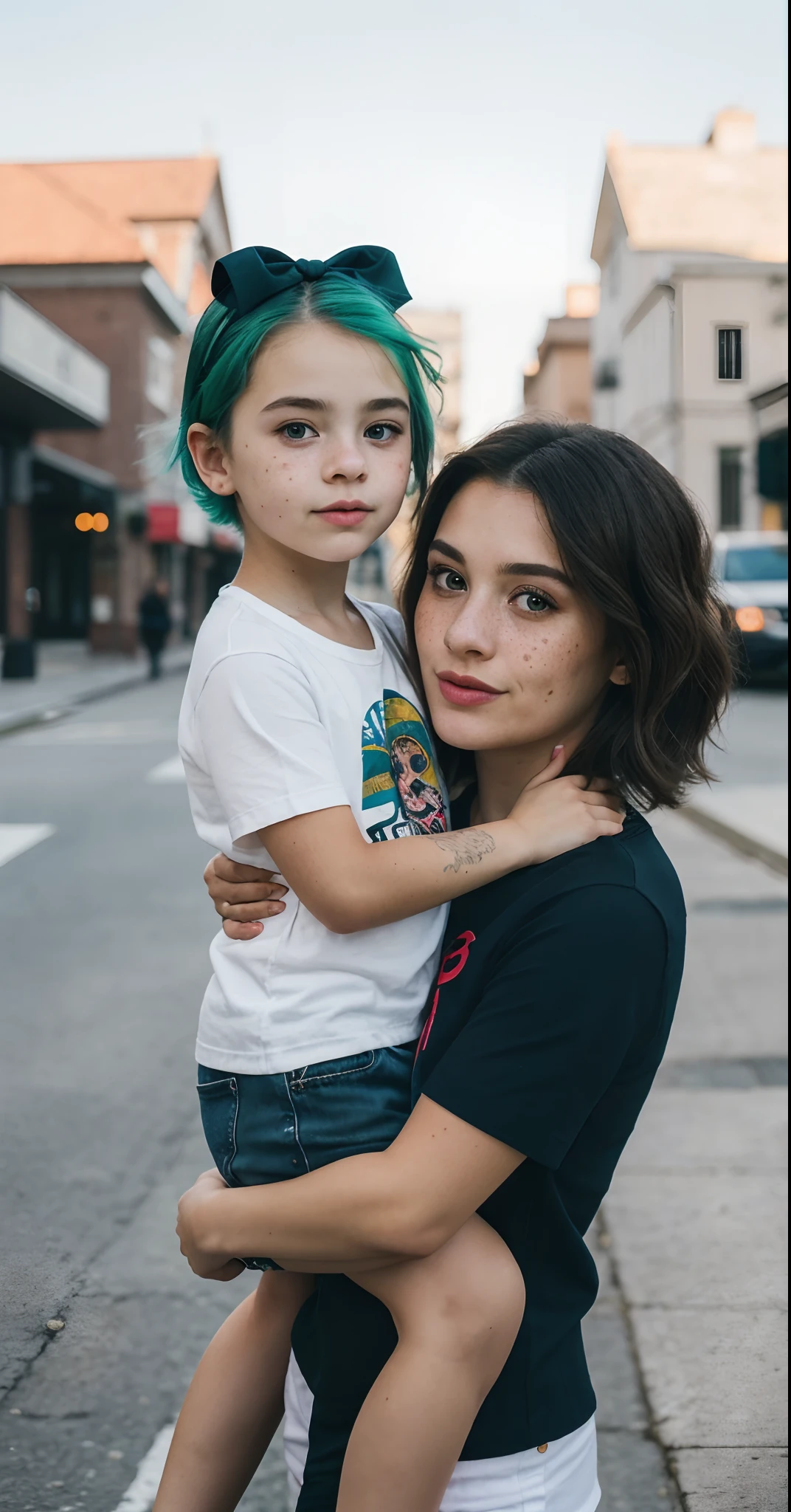 8k uhd quality, (high quality,: 1.9), high resolution, (ultra realistic: 1.9), great photo, like in real life, (photography render: 1.9), realistic optical physics, light shadows, (beautiful Ukrainian girl: 1.9), (strange fluffy hair: 1.9), green and blue hair, bow on hair, a realistic representation of the face, (large eyes: 1.5), thick eyebrows, normal ears, (plump lips: 1.5), snub nose, (acne: 0.5), (moles and freckles: 1.1), detailed skin, plump cheeks, (perfect  face: 1.7), thin neck, five fingers, normal fingers, (open mouth: 1.3), short shorts, fashion clothes, muscular pelvis, skinny collarbone, triangular boobs, full body view, (hourglass body: 1.9), (short stature: 1.9), (daughter hugs mom's leg: 1.5), mother and daughter, outside, correct women physiology