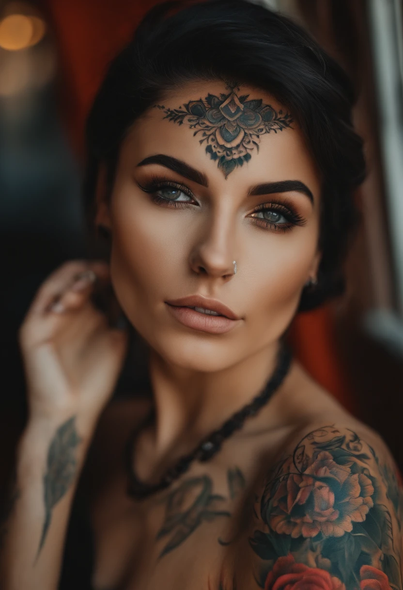 Best quality, realistic, exquisite detailing, complicated details, cinematic lighting, clear lines, tack sharp focus, official art, Unity 8k wallpaper, high resolution, extremely detailed, refined and beautiful, professional lighting, dynamic poses, simple background, detailed facial features, tattoos and piercings, intricate body art.
