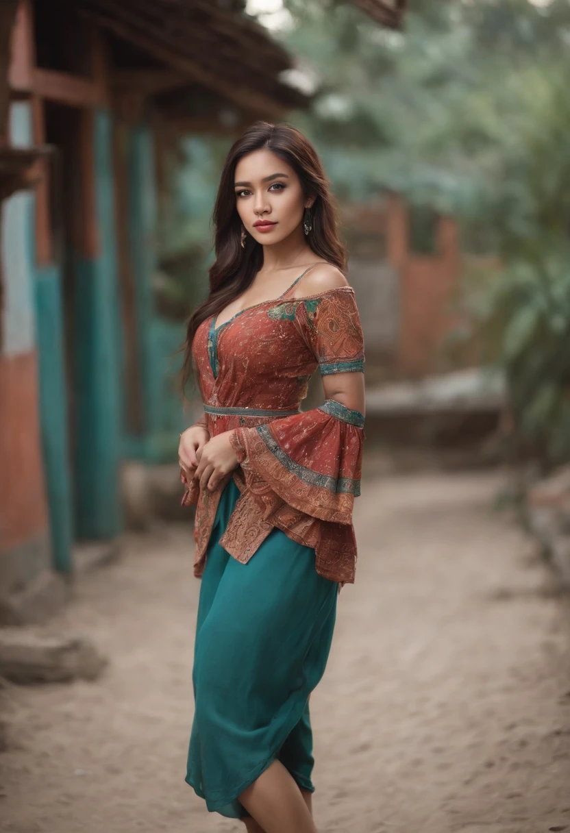 wide angle, camera- full length shot, Best quality, masterpiece, very high resolution, a beautiful indonesian woman, 20 years old, in colorful bohemian style clothing, with tattoos, walking and posing, professional model, next the wall, the wall made of colorful wood , cinematic grading, cinematic retro grading , realistic detail, high detail, high resolution, low contrast, depth blur, bokeh,