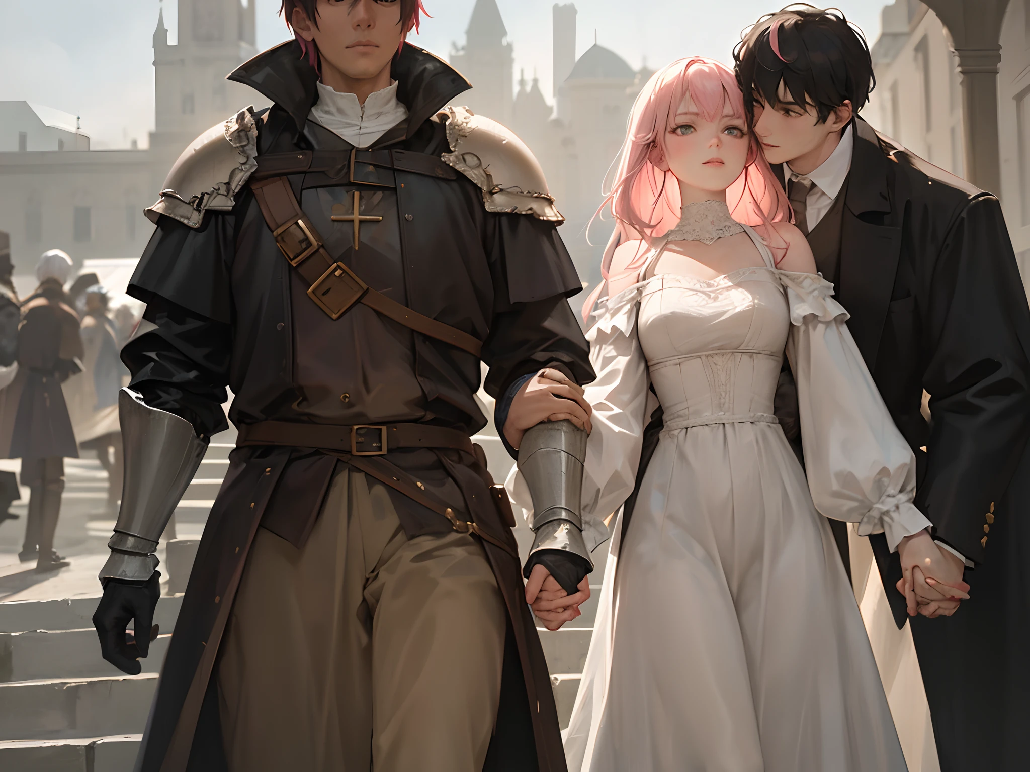 Woman with pink hair, holding the hand of a man with white hair, both of them wear medieval clothes, the woman wears a light white dress and the man wears armor.
