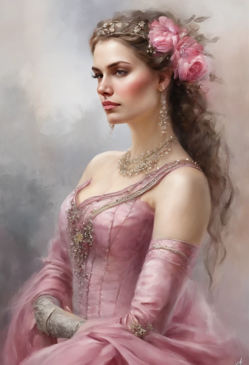 Woman, serious, warrior, armour, elegant, pink dress, aristocratic, silver elements, long nails, bare shoulders, hairstyle, hair up, braid and ponytail, messy, arrogant, absurd, detailed dress, royalty, celebration, hall decorated with flowers, cowboy shot, portrait, (best quality), (masterpiece), (highly detailed), (4k)