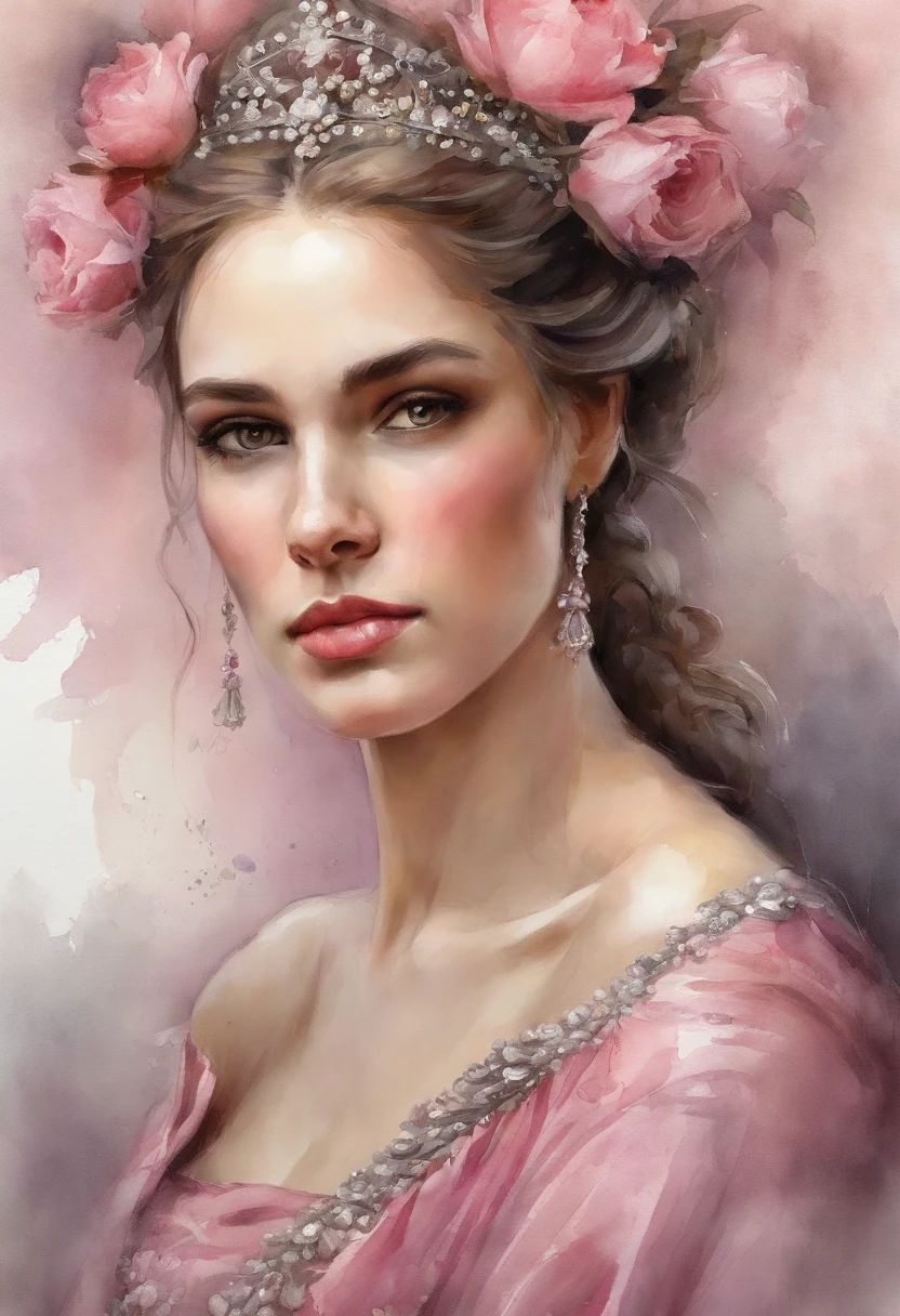 Woman, serious, warrior, armour, elegant, pink dress, aristocratic, silver elements, long nails, bare shoulders, hairstyle, hair up, braid and ponytail, messy, arrogant, absurd, detailed dress, royalty, celebration, hall decorated with flowers, cowboy shot, portrait, (best quality), (masterpiece), (highly detailed), (4k)
