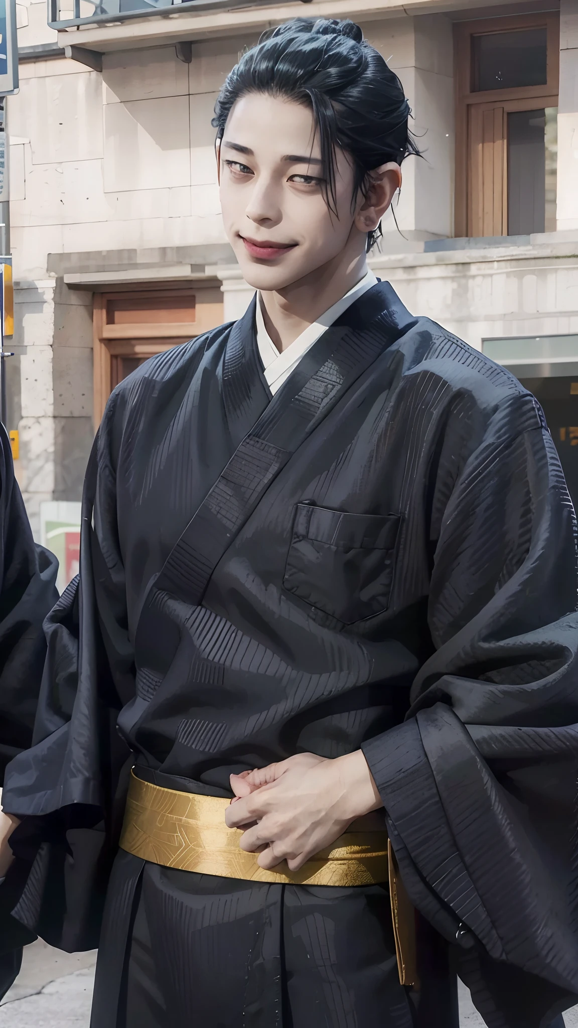 1man, geto suguru in anime jujutsu kaisen, short hair , black hair, black eyes, handsome, smile, black clothes, realistic clothes, detail clothes, city background, ultra detail, realistic