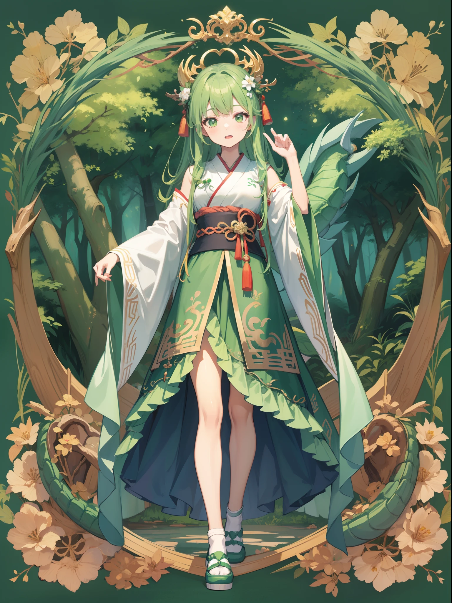 character portrait closeup，sketching，.tchibi，green pupills, full bodyesbian，standing on your feet，Robe，Hanfu，green color，Chinese dragon green background，full bodyesbian，Faraway view，Green forest dragon surrounds background，full bodyesbian，Princess green shoes，long  skirt，standing on your feet