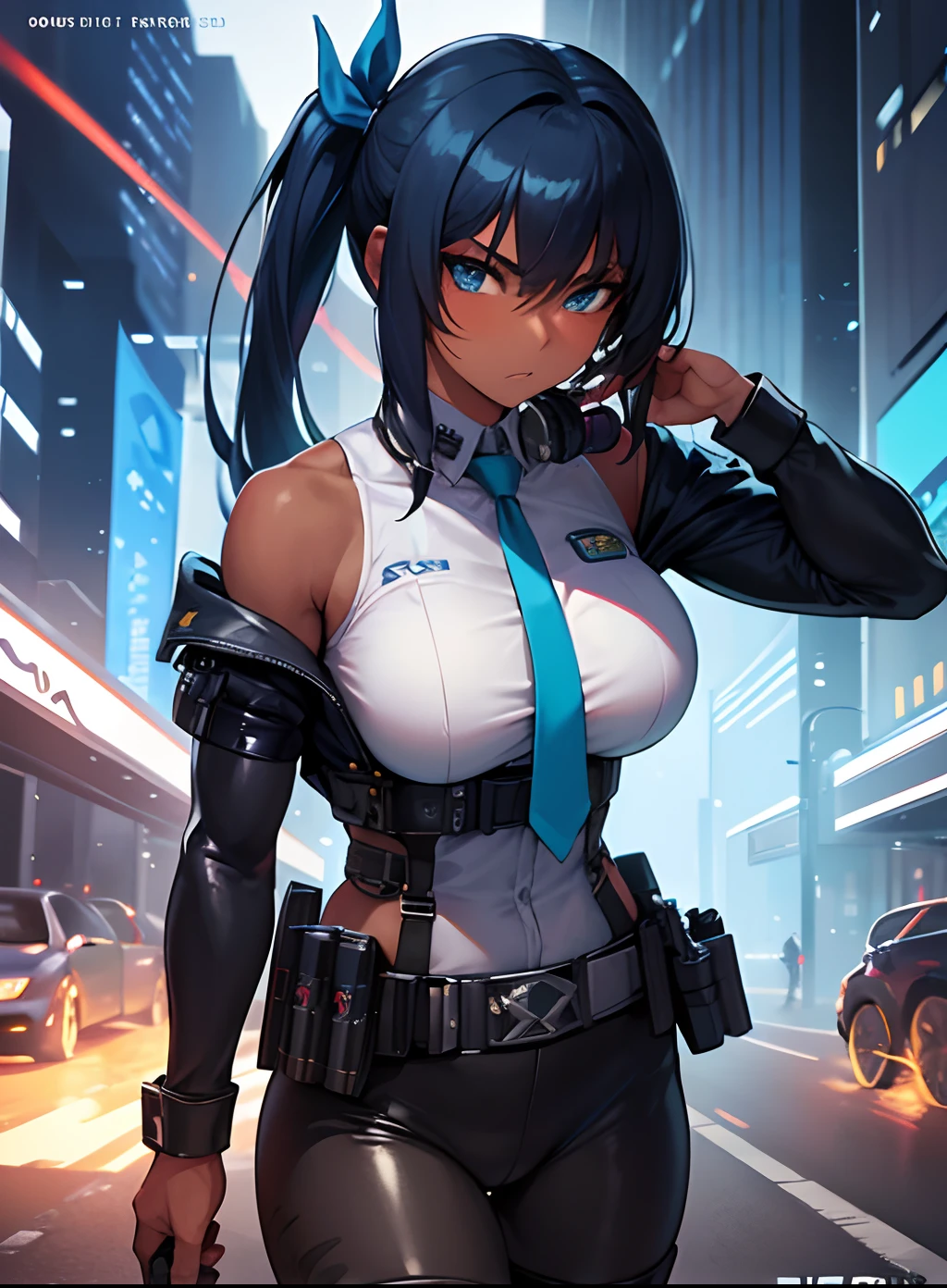 masterpiece, best quality, 1girl, stern lean muscular police woman (with physical enhancements devices), female focus, tanned, dark skin, sci fi, green blue eyes, pony tail, ribbon tie, closed mouth, exposed shoulders, police jacket, utility belt, police gear, future city background, looking at viewer