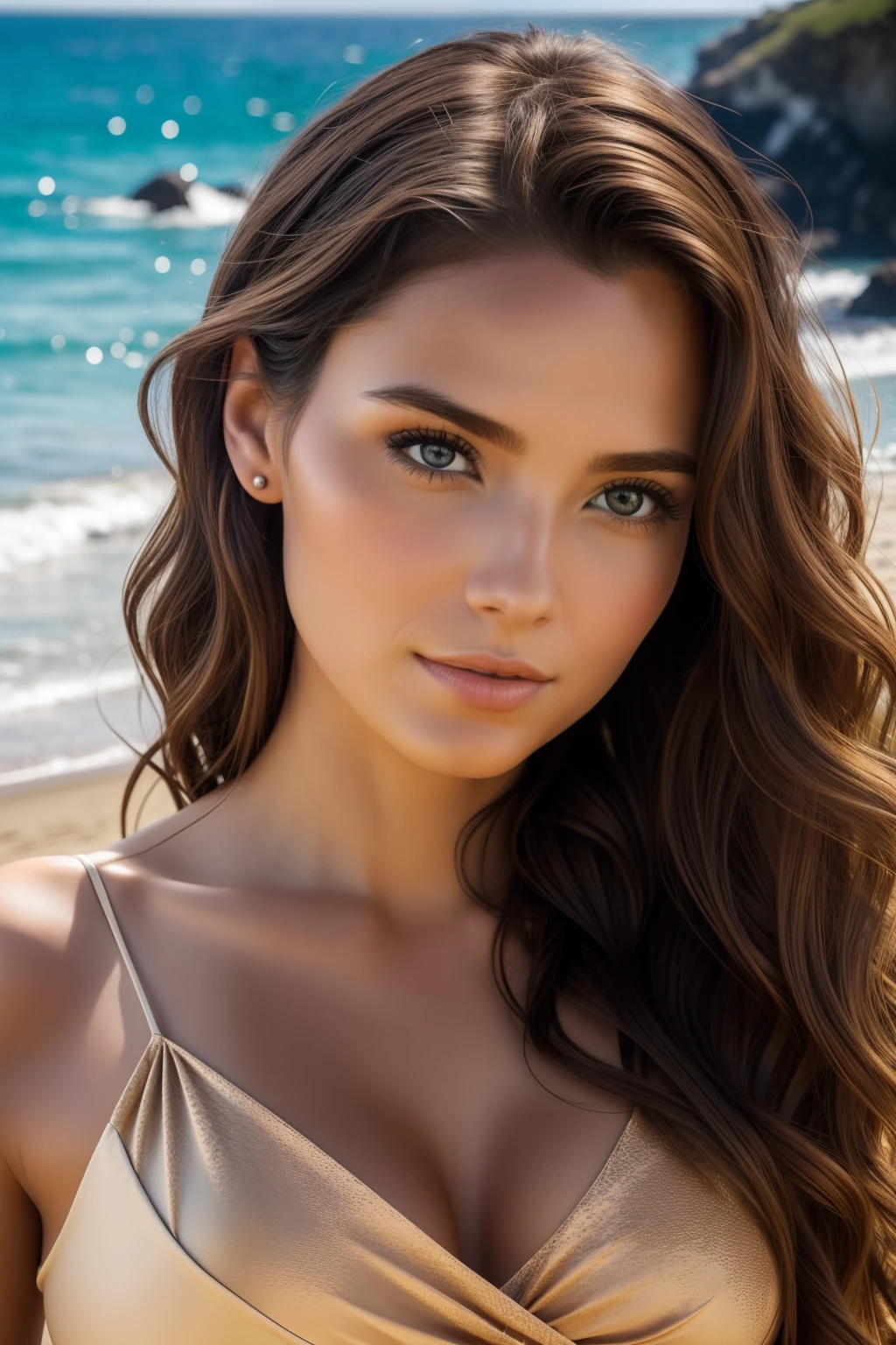 Photograph of a beautiful girl, wear a neckline top, (((very heavy bust))), wavy hair, Assis sur des rochers, next to the beach, Look into the camera, eyes symmetrical, symmetrical face, photoreallistic, photographie, Path layout, specular lighting, Volumetric facial light, Hair path, Ombres visibles, complexe, elaborate, hyper realistic