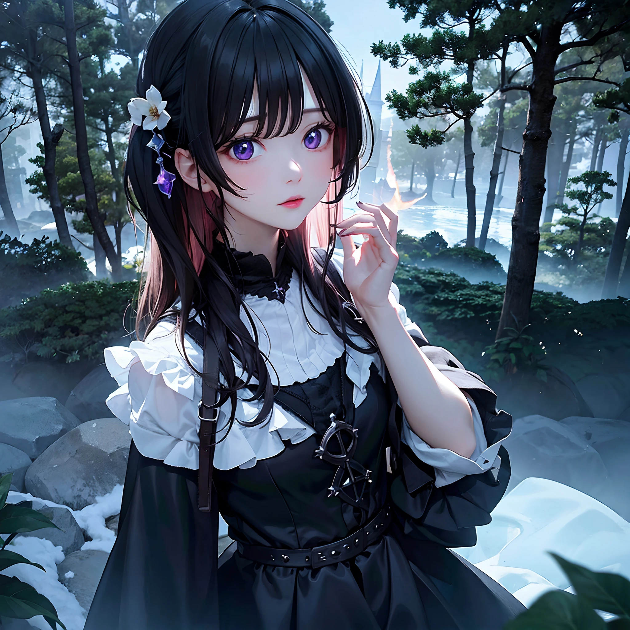 Girl in Dark Castle some were in the dark Forest wit Ghosts around her, high quality, octane render