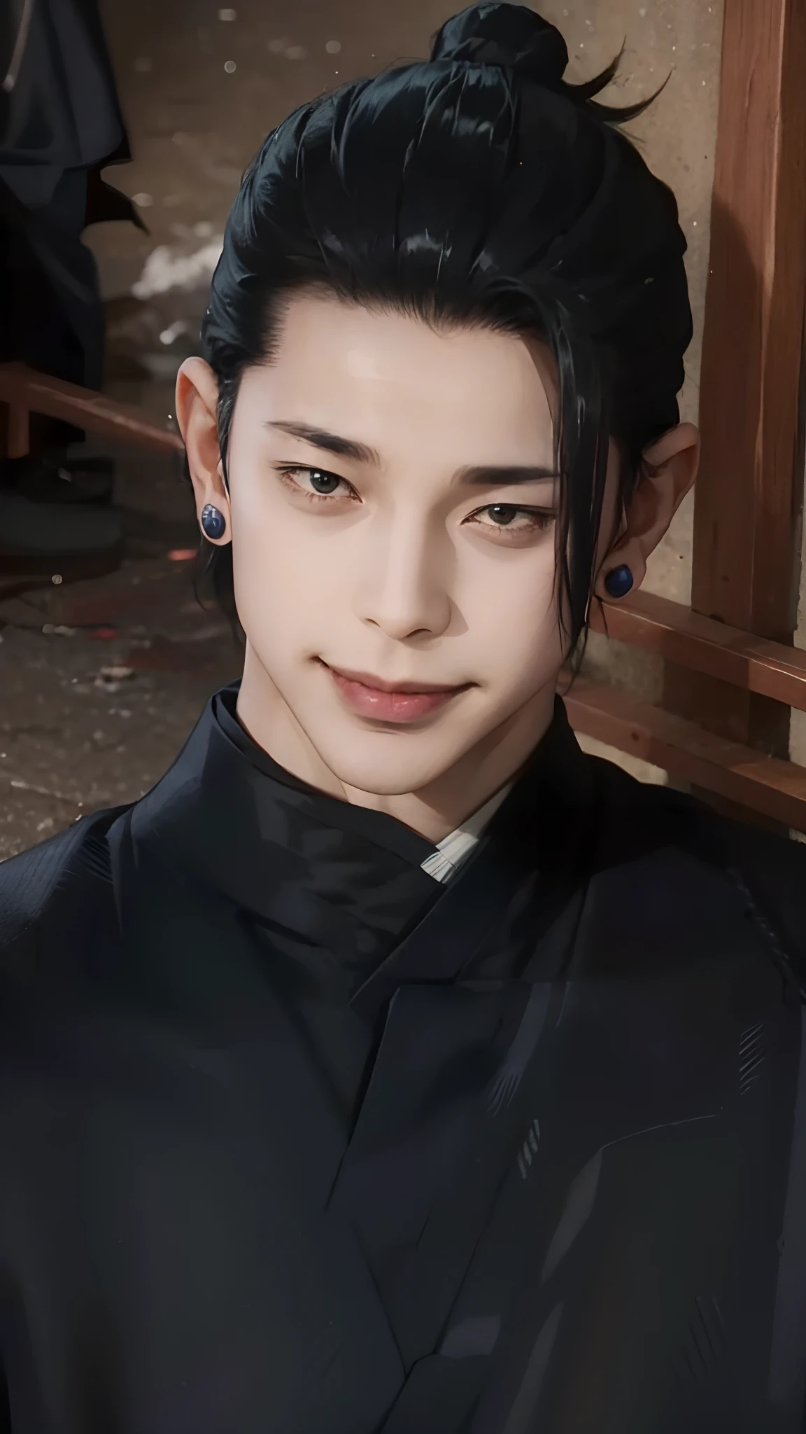 1man, geto suguru in anime jujutsu kaisen, short hair , black hair, black eyes, handsome, smile, black clothes, realistic clothes, detail clothes, city background, ultra detail, realistic