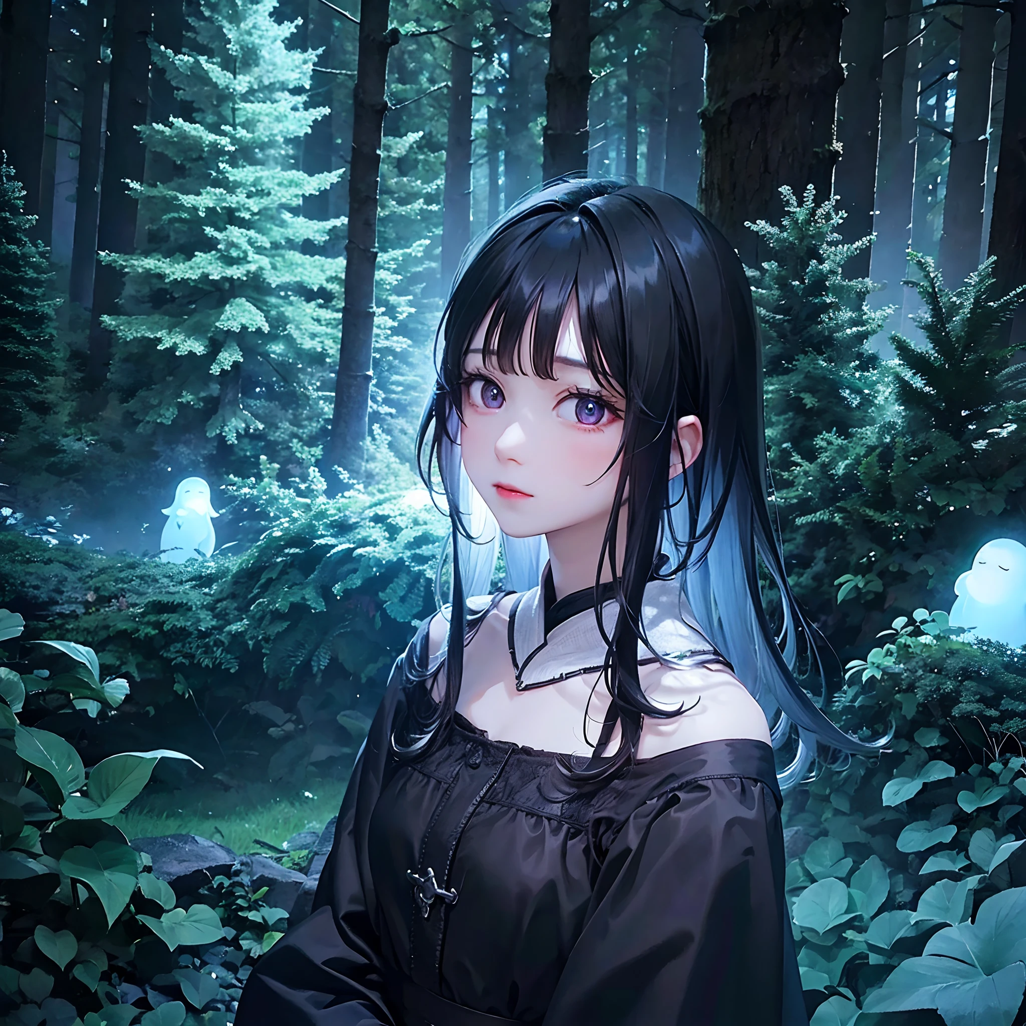 Girl in Dark Castle some were in the dark Forest wit Ghosts around her, high quality,  octane render