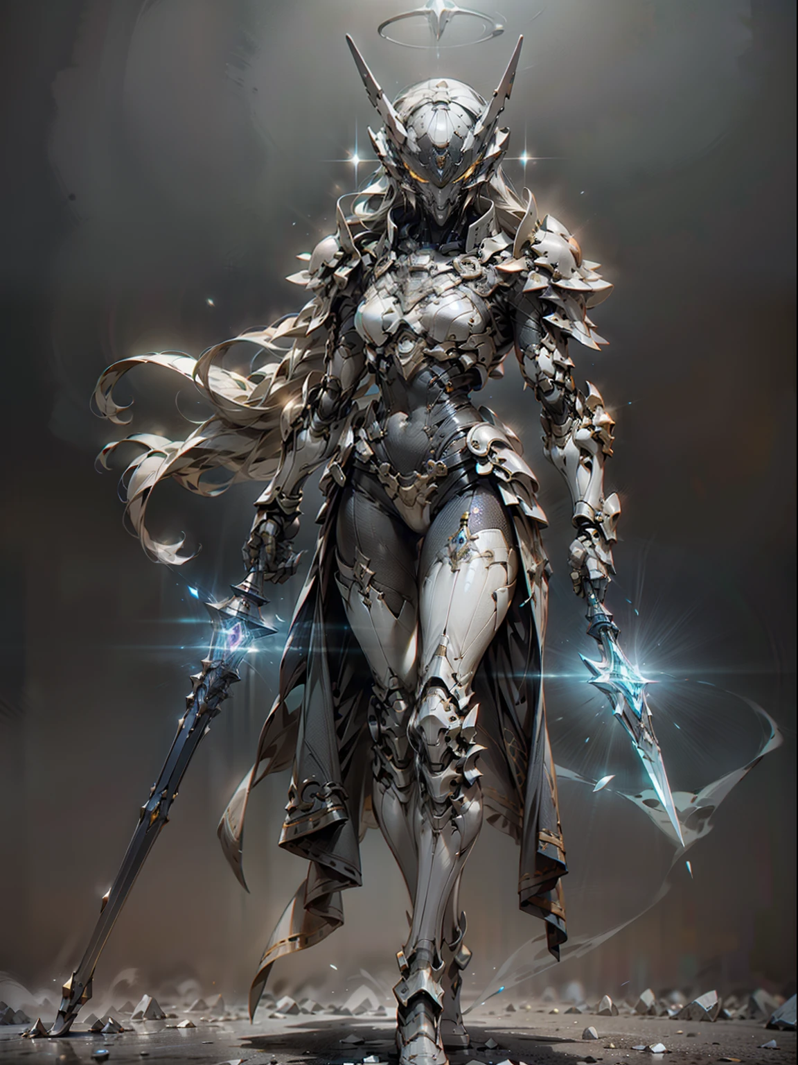 full body, Ghost armor holding a huge ice wand,female mage,sliver long hair,Ice blue armor all over,Super cool ghost mage,Wearing an ice blue cape,Huge staff,A magic ball that glows,Magical poses,Tall and tall,glowing light eyes,With a mask,Tall figure,Perfect body proportion,Look up at the perspective,super detailing,IP by pop mart,rim-light ,head portrait,rendering by octane,Blander,full bodyesbian,Clean black background,3d,c4d,best qualtiy,The is very detailed,Ancient Techniques, HDR(HighDynamicRange), Ray traching, NVIDIA RTX, Hyper-Resolution, Unreal 5, sub surface scattering, PBR Texture, post-proces, Anisotropic filtering, depth of fields, Maximum clarity and sharpness, Many-Layer Textures, Albedo e mapas Speculares, Surface Coloring,Accurately simulate light-material interactions,perfectly proportions,rendering by octane,twotonelighting,Low ISO,White balance,trichotomy,Wide aperture,8K RAW,High-Efficiency Sub-Pixel,sub-pixel convolution,Luminous Particle,Light scattering,Tyndall effect