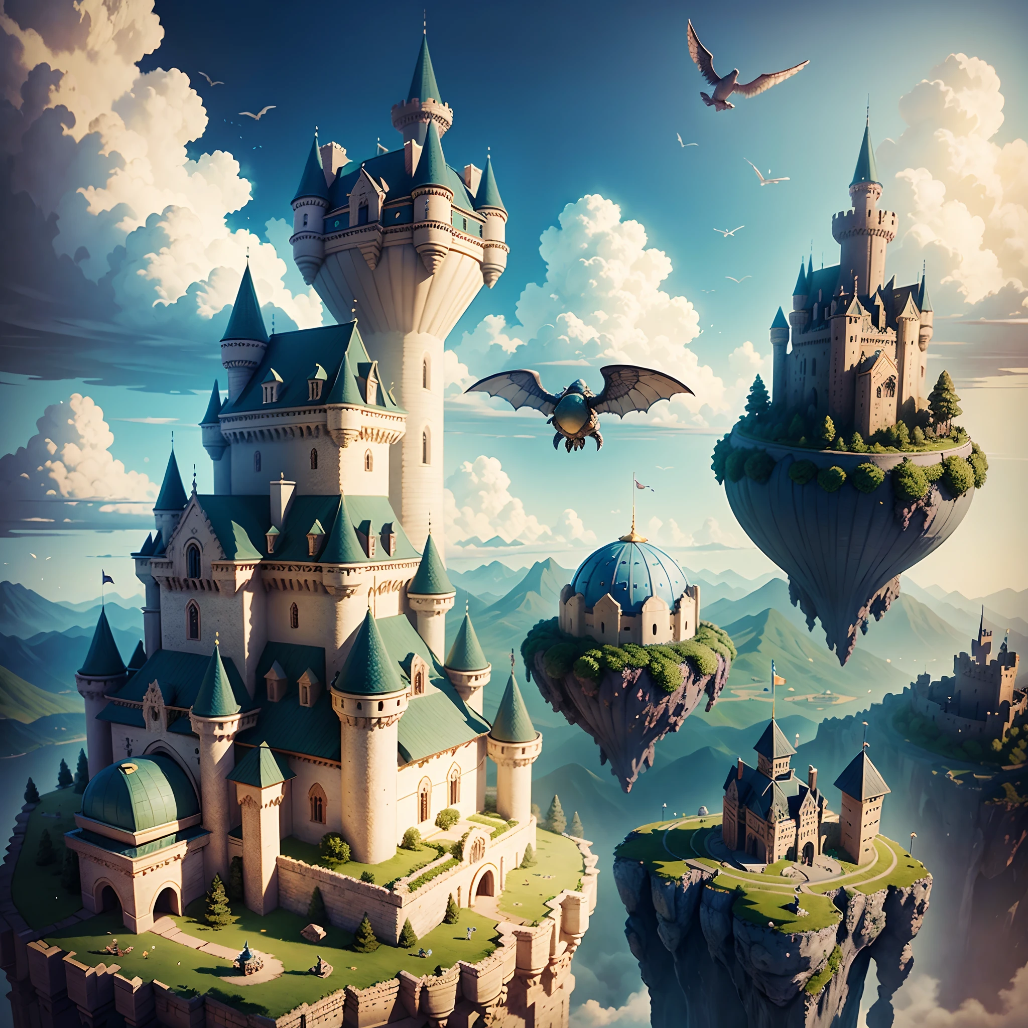 there is a turtle that is flying in the sky with a castle in the background, isometric 3d fantasy turtle, flying cloud castle, realistic fantasy illustration, great a'tuin, by Kerembeyit, castle in the sky, detailed fantasy illustration, flying castle, castle in the sky style, surreal and fantasy art, fantasy matte painting，cute