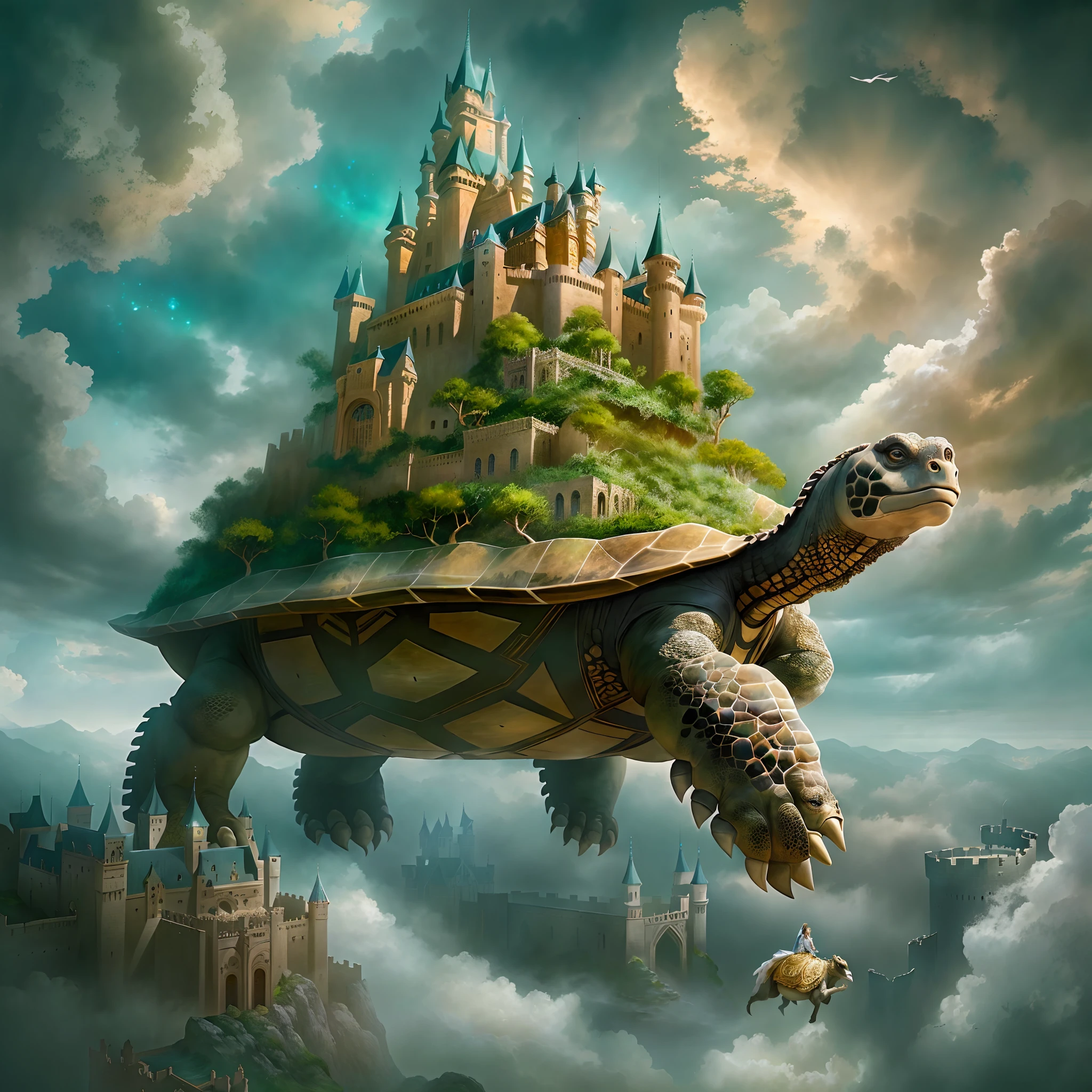 (Masterpiece:1.2), giant tortoise, Floating in the air, Carrying a huge castle on your back, surreal scenery, Magical atmosphere, Intricate details, majestic architecture, ethereal clouds, Vibrant colors, Breathtaking scale, fairytale-like, Soft and dreamy lighting, amazing craftsmanship, awe-inspiring composition, intricate textures, Fantasy elements, Incredible craftsmanship, otherworldly beauty, an epic fantasy, a peaceful and serene atmosphere, Mesmerizing and fascinating