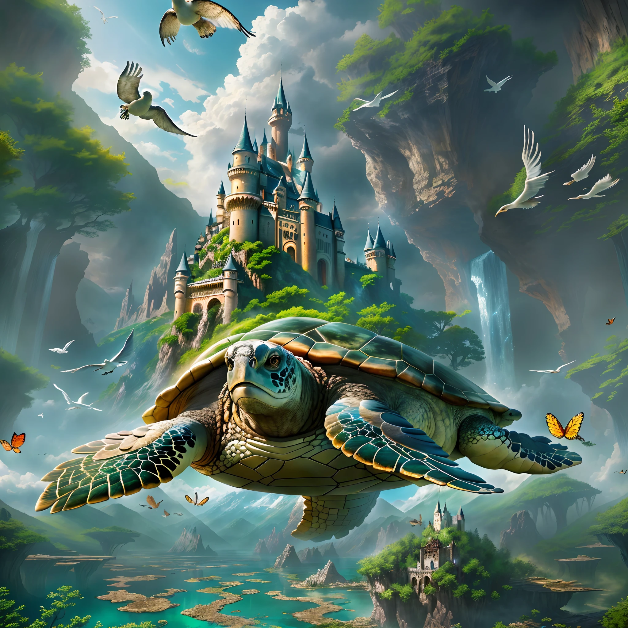 (best quality,4k,8k,highres,masterpiece:1.2),ultra-detailed,(realistic,photorealistic,photo-realistic:1.37),a giant sea turtle carrying a massive castle floats in the sky,illustration,crystal-clear water,lush greenery,majestic mountain range,ethereal clouds,floating bridges and walkways,flocks of colorful birds,glowing butterflies,sparkling stars,mesmerizing reflections,colossal architecture,jaw-dropping scale,epic fantasy realm,vivid colors,beautifully intricate details,impressive craftsmanship,magical atmosphere,enchanting lighting,dreamlike ambiance