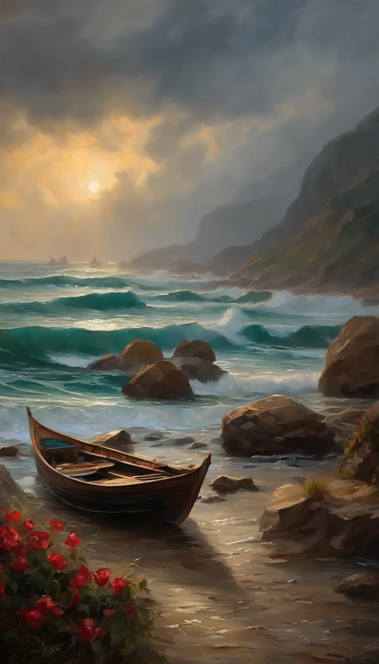 Real picture（（Oil paints ））Landscape painting,acrycle painting，Brush strokes，With unparalleled realism,ultrawide,ominous skies,Sail ships,Wooden boats,Lotus,Huge waves,Starry night,Harry Potter,voluminetric lighting,Clearing,Realistic,james gurney,art  stations，（（Paint with oil painting））