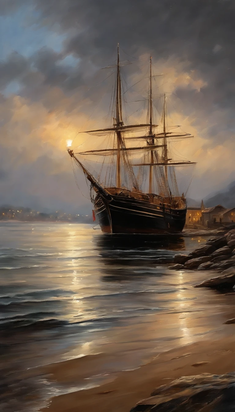 Real picture（（Oil paints ））Landscape painting,acrycle painting，Brush strokes，With unparalleled realism,ultrawide,ominous skies,Sail ships,Wooden boats,Lotus,Huge waves,Starry night,Harry Potter,voluminetric lighting,Clearing,Realistic,james gurney,art  stations，（（Paint with oil painting））