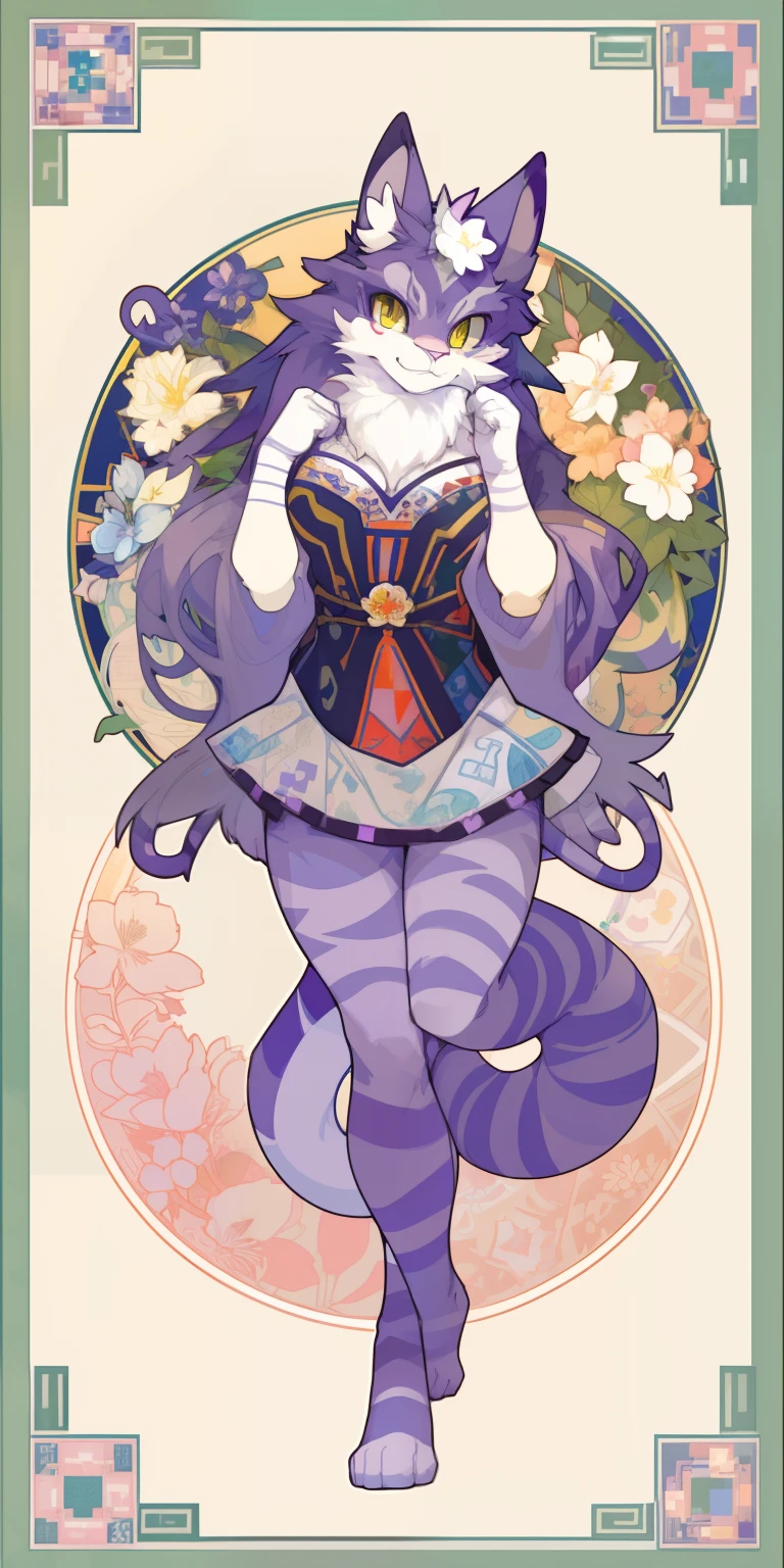 top quality, best quality, logo mark, stamp, Geometric pattern, vector-art, High-quality illustrations by Alfons Mucha, masterpiece(kemono, furry Cheshire_cat anthro)flower, pixel art,