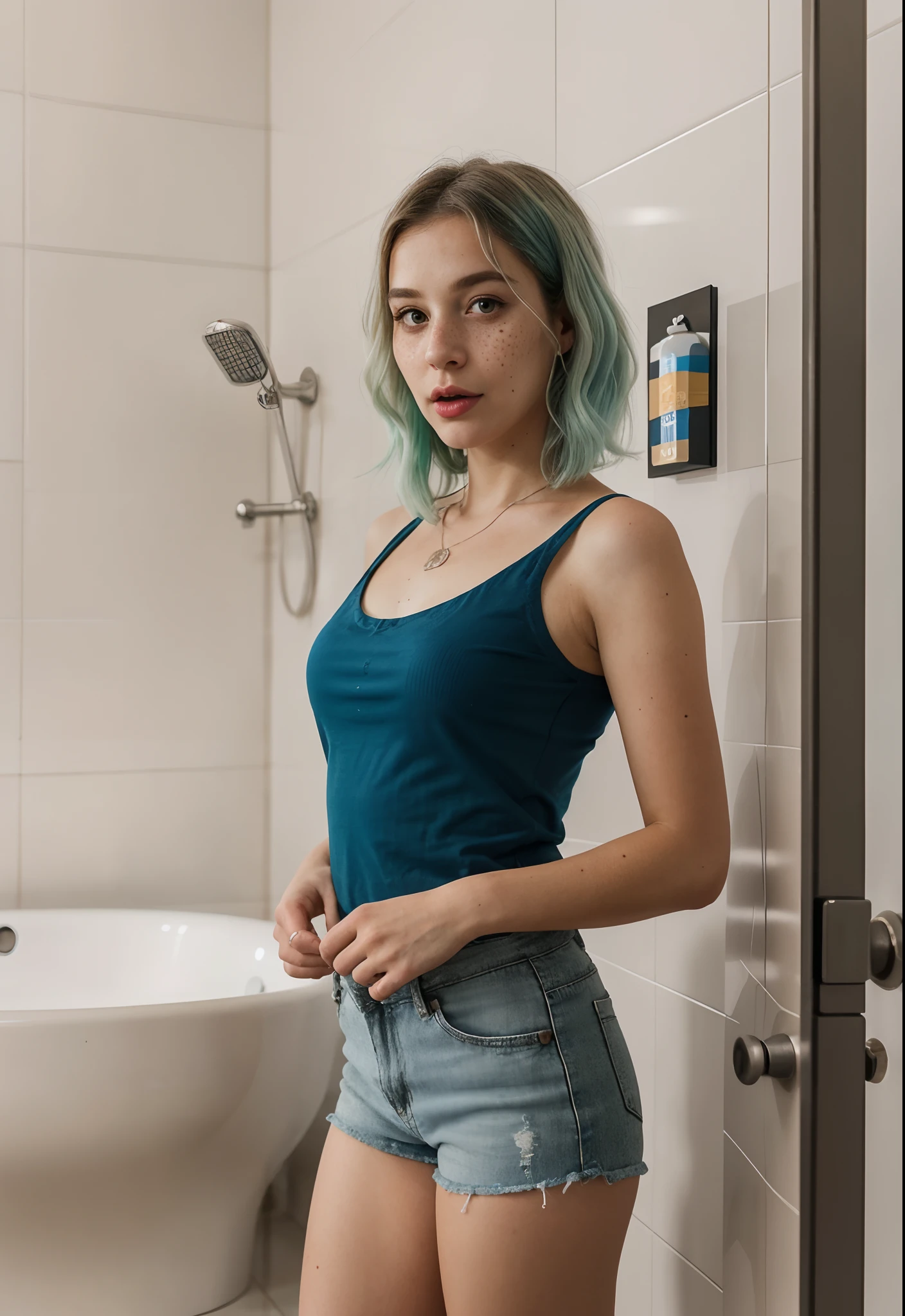 8k uhd quality, (high quality,: 1.9), high resolution, (ultra realistic: 1.9), great photo, like in real life, (photography render: 1.9), realistic optical physics, light shadows, (beautiful Ukrainian girl: 1.9), (strange fluffy hair: 1.9), green and blue hair, bow on hair, a realistic representation of the face, (large eyes: 1.5), thick eyebrows, normal ears, (plump lips: 1.5), snub nose, (acne: 0.5), (moles and freckles: 1.1), detailed skin, plump cheeks, (perfect face: 1.7), thin neck, five fingers, normal fingers, (open mouth: 1.3), short shorts, fashion clothes, muscular pelvis, skinny collarbone, triangular boobs, full body view, (hourglass body: 1.9), (short stature: 1.9), (young daughter and mature mother stands: 1.5), mother and smallhter, bathroom, correct women physiology