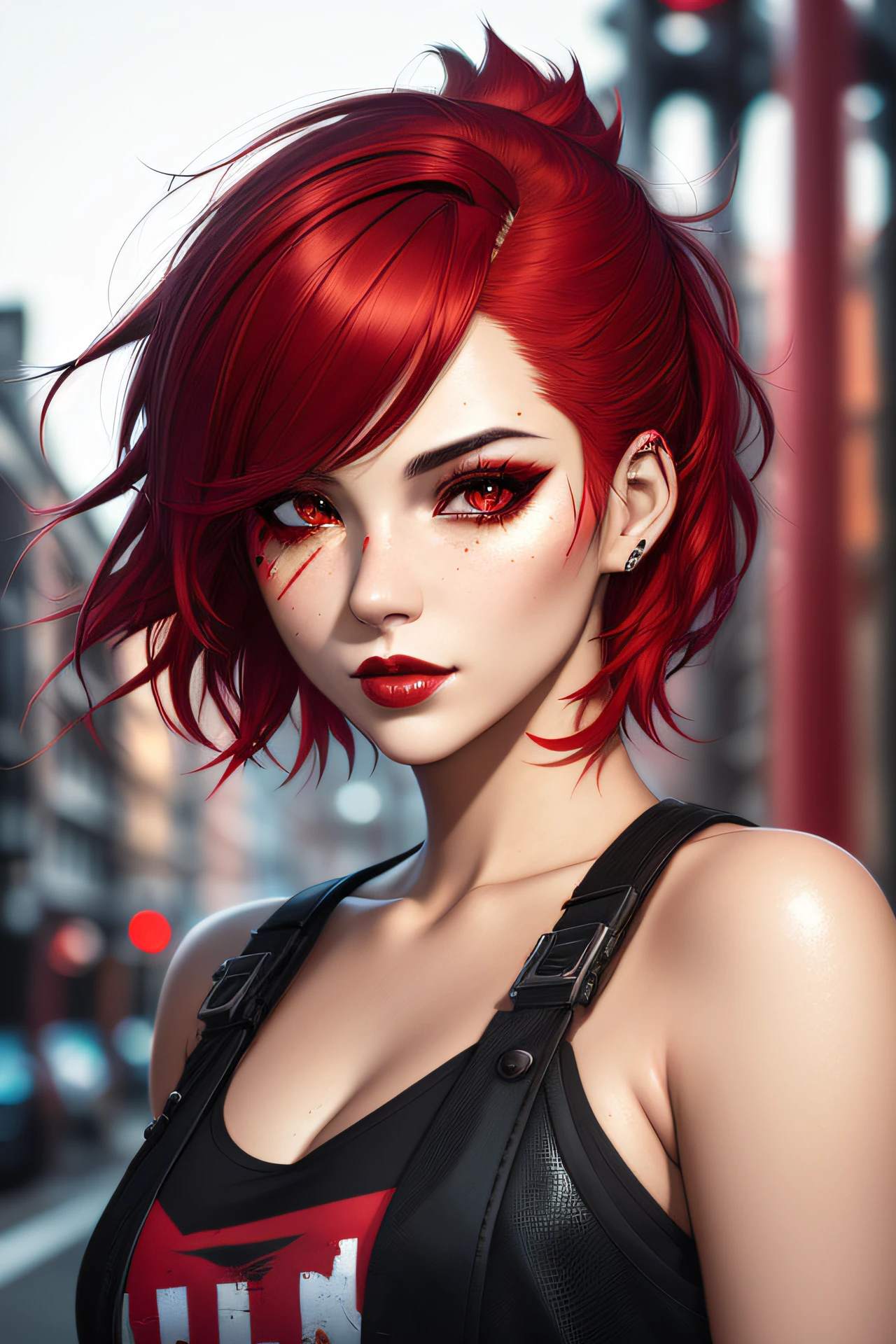beautiful girl, half body portrait, short bright red disheveled hair, black eyeshadow, (street style wear:1.2), (city background:1.2), dark makeup, digital art, trending on artstation, highly detailed, fine detail, intricate, beautiful detailed glow, detailed, Cinematic light, highres, detailed facial features,sharp focus, smooth, aesthetic,