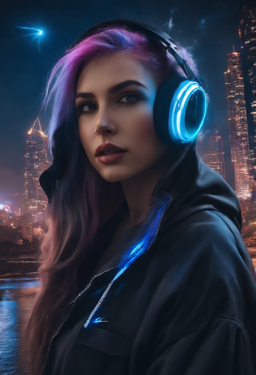 (Masterpiece), Best Quality, extra high resolution,small girl, Cyberpunk 1girl flies over a stunning cityscape ,Lights lit up on his clothes,There is a tattoo on the neck,hoodie,Blue hair, Neon color of shooting stars, extra very long hair, Shortened shoulders, feathers hair decoration, neon colors, blink, Stunning night sky, Cinematic lighting, Photorealistic, Realistic skin, HDR,Fisheye