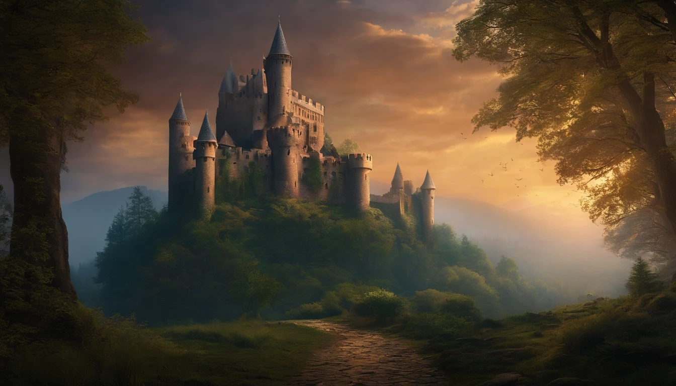 An ancient castle in the forest with low light