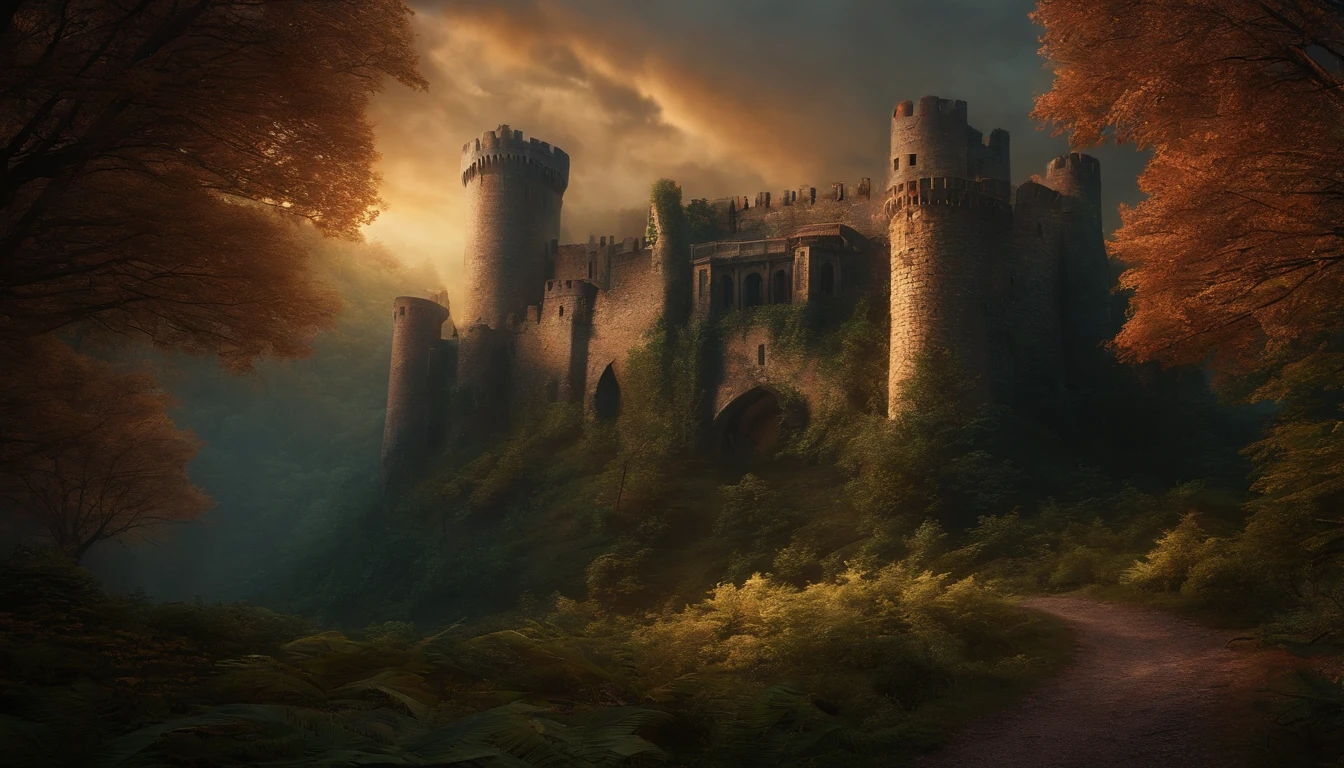 An ancient castle in the forest with low light