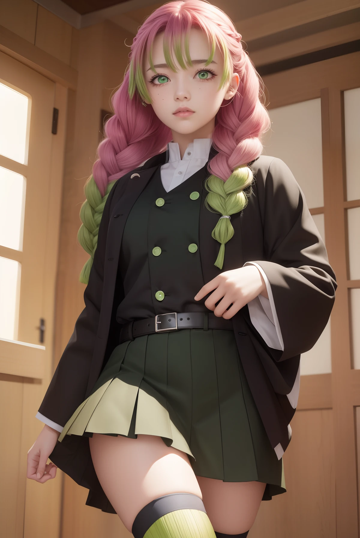 mitsurikanroji, mitsuri kanroji, braid, gradient hair, (green eyes:1.5), green hair, long hair, mole, mole under eye, multicolored hair, pink hair, twin braids, two-tone hair,
BREAK belt, black skirt, coat, demon slayer uniform, haori, japanese clothes, long sleeves, miniskirt, partially buttoned, pleated skirt, skirt, uniform,
BREAK looking at viewer,
BREAK indoors,
BREAK (masterpiece:1.2), best quality, high resolution, unity 8k wallpaper, (illustration:0.8), (beautiful detailed eyes:1.6), extremely detailed face, perfect lighting, extremely detailed CG, (perfect hands, perfect anatomy),