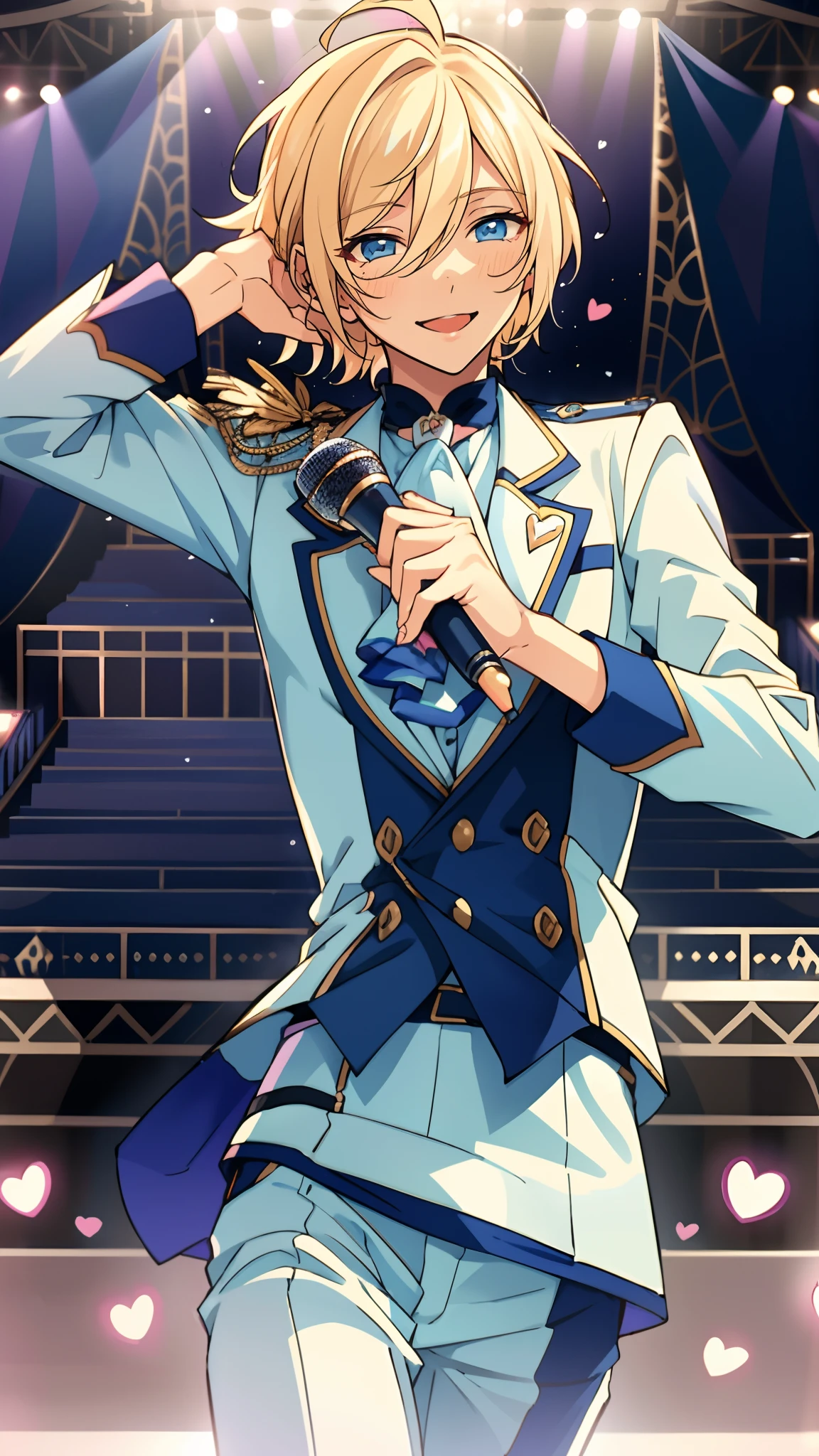 masterpiece, best quality, absurdres, tenshouin eichi, blond hair, short hair, blue eyes, ,cool, have a microphone, happy, smile at me, idol,  ultra-detailed, 1boy, solo, ensemble stars, on stage, white idol outfit, hearts, ascot