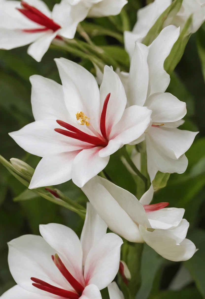 There are three white flowers with red centers on one plant, an illustration by Elizabeth Durack, trending on pixabay, Hurufiyya, stella alpina flor, large exotic flowers, flores e plantas subtropicais, plantas de flores tropicais, Incrivelmente bonito, often described as pra-pro-nobis blooming tropical flowers, coberto de porcelana de chama, Pra-pro-nobis