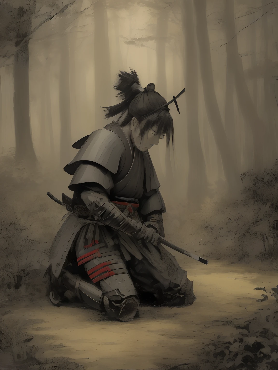 samurai in the forest kneeling on the ground