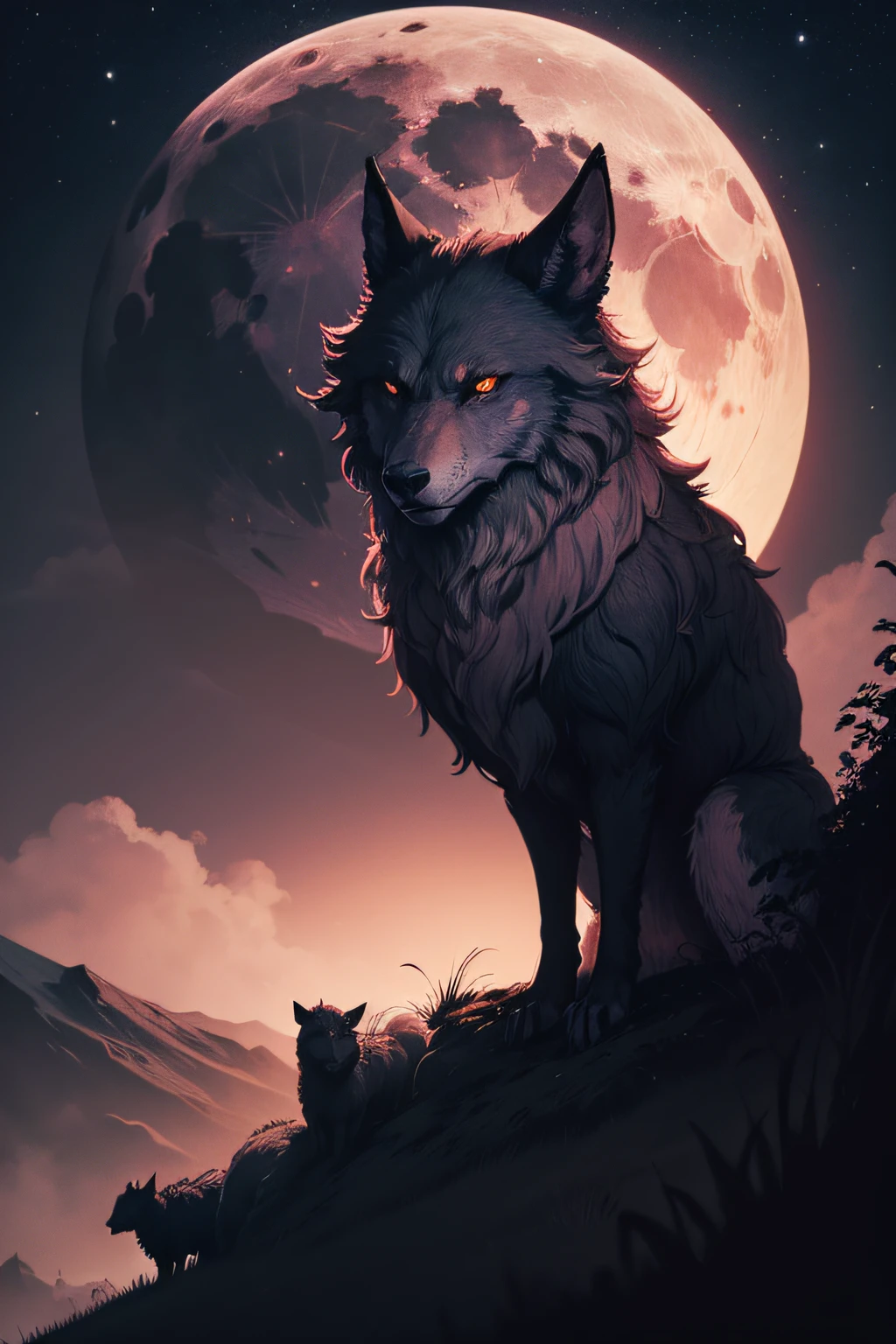 A werewolf sombre et horrible with detailed and textured fur stands on top of the ridge watching over a flock of sheep who don't sense danger coming. The moon is full and slightly pink. The sky is clear and we can see the galaxy