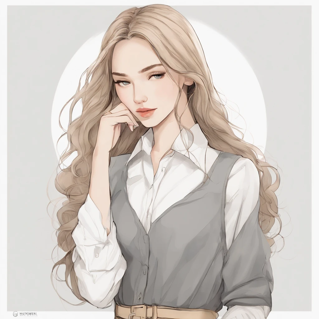 frontal image, conceptual art of the character, white background, 1 girl, long and wavy golden hair down to her waist, simple and thin white shirt with long sleeves, jeans and black sneakers, 17y, extremely beautiful, melancholic features, reclusive and introverted posture, extremely eccentric beauty, tidy simple illustration pattern, domestic attire, needlepoint pen, piecework, sharp focus, extremely detailed, beautiful and aesthetic shape of face and bodyx