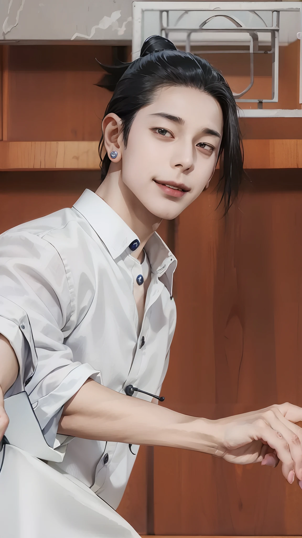 1man, geto suguru in anime jujutsu kaisen, short hair , black hair, black eyes, handsome, smile, white clothes, realistic clothes, detail clothes, city background, ultra detail, realistic