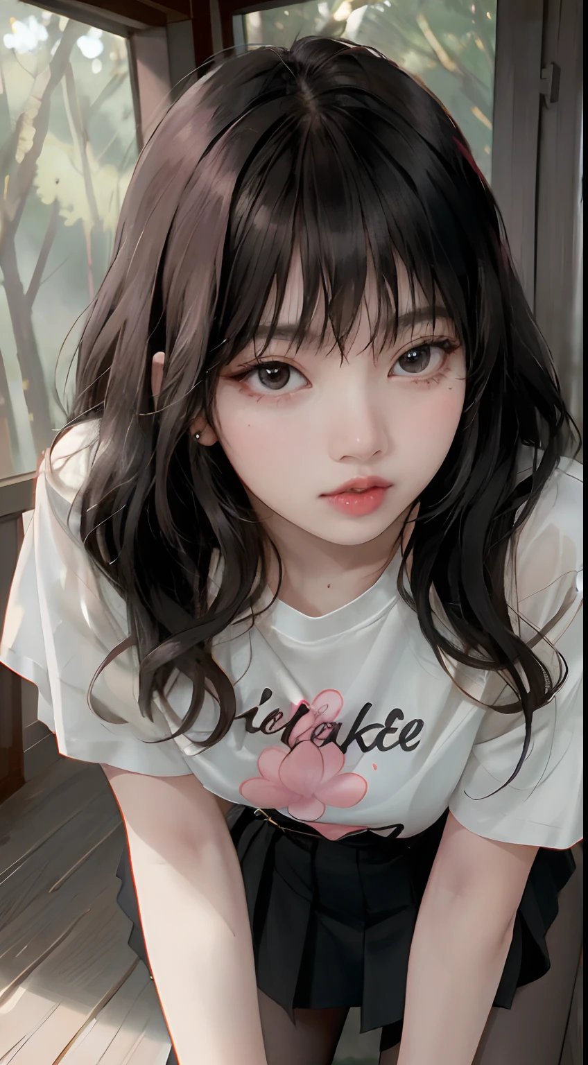 ((Lisa from Blackpink)), t-shirt, tiny pleated skirt, exposed_pink_panties, black pantyhose to the waist, high heels, close-up from thighs to face, very light skin, very long hair, wavy hair, camp, forest, photorealistic, indirect lighting, volumetric light, ray tracing, hyperdetailed, best quality, high resolution, HDR, 8k