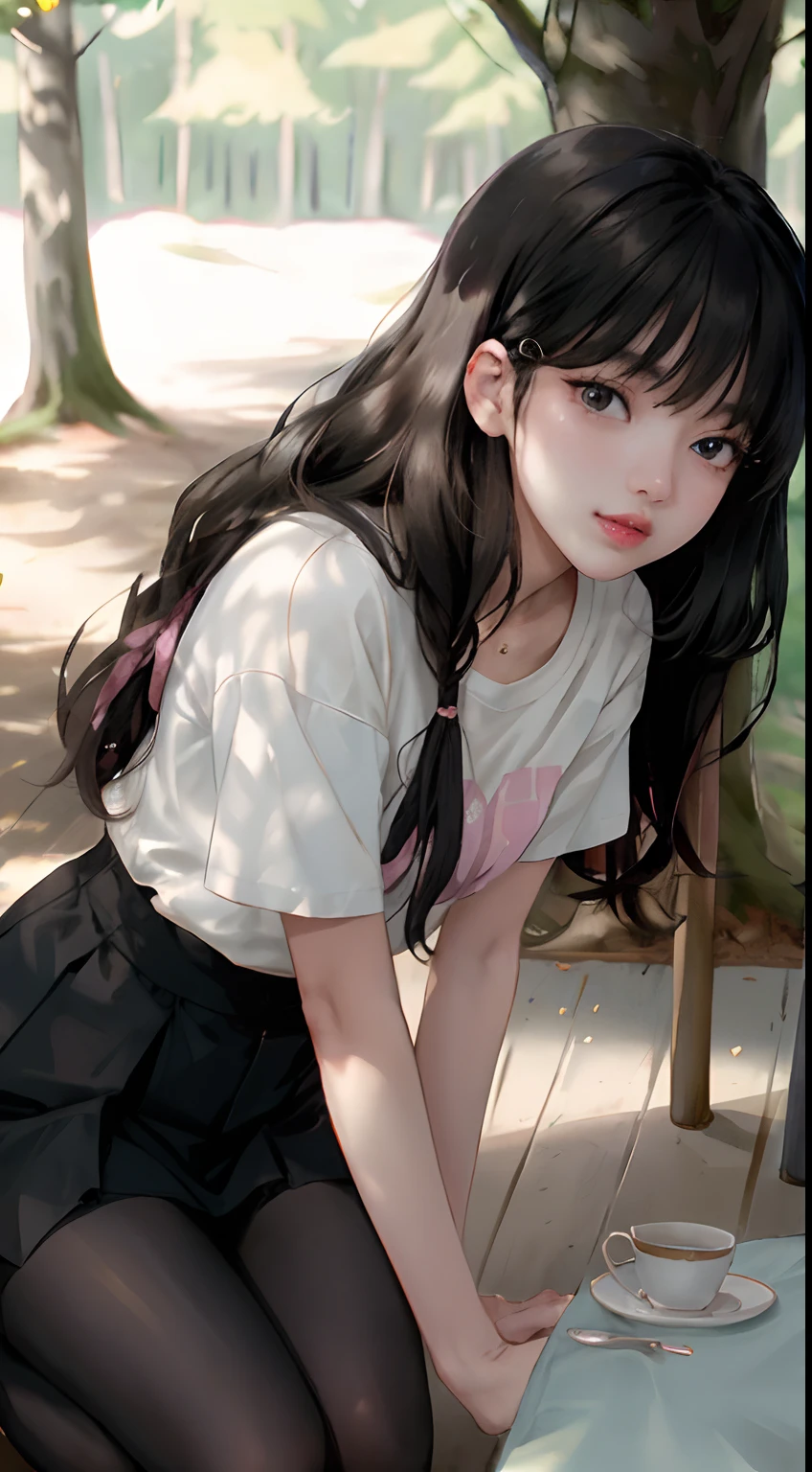 ((Lisa from Blackpink)), t-shirt, tiny pleated skirt, exposed_pink_panties, black pantyhose to the waist, high heels, close-up from thighs to face, very light skin, very long hair, wavy hair, camp, forest, photorealistic, indirect lighting, volumetric light, ray tracing, hyperdetailed, best quality, high resolution, HDR, 8k