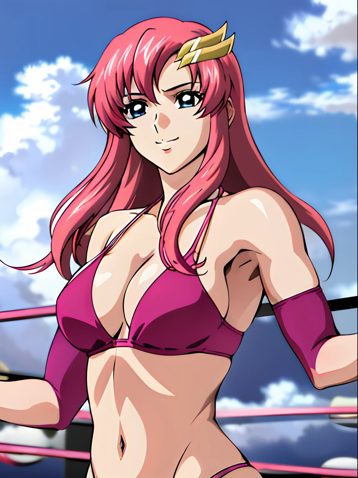 (masterpiece, upper body view, 4K, Best Quality, Anime style: 1.9, , tall, Adult Woman, ultra detailed face, (cloud background, wrestling), Drawing lines, high resolution, Anime, lacus4), 1girl, Solo, curvy figure, Long hair, 鎖骨, scapular, (Detailed wide hair bangs, Hair Ornament, Detailed reddish-pink hair), cleavage, large hands, (female wrestler). (Big blue eyes, shiny eyes), ((closed fists, broad shoulders)), ((perfect proportions, medium breasts, long belly)), (((bikini, pink wrestling gear))), happy, smile, stretching, armpit