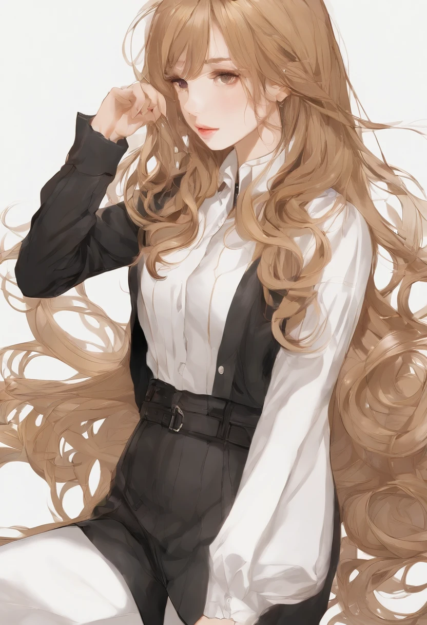 frontal image, conceptual art of the character, white background, full body, 1 girl, long and wavy golden hair down to her waist, simple and thin white shirt with long sleeves, jeans and black sneakers, 17y, extremely beautiful, melancholic features, reclusive and introverted posture, extremely eccentric beauty, domestic attire, needlepoint pen, piecework, sharp focus, extremely detailed, beautiful and aesthetic shape of face and body