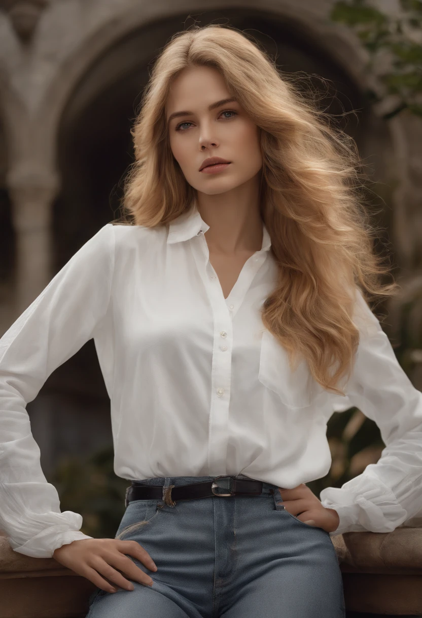 frontal image, conceptual art of the character, white background, full body, 1 girl, long and wavy golden hair down to her waist, simple and thin white shirt with long sleeves, jeans and black sneakers, 17y, extremely beautiful, melancholic features, reclusive and introverted posture, extremely eccentric beauty, domestic attire, needlepoint pen, piecework, sharp focus, extremely detailed, beautiful and aesthetic shape of face and body