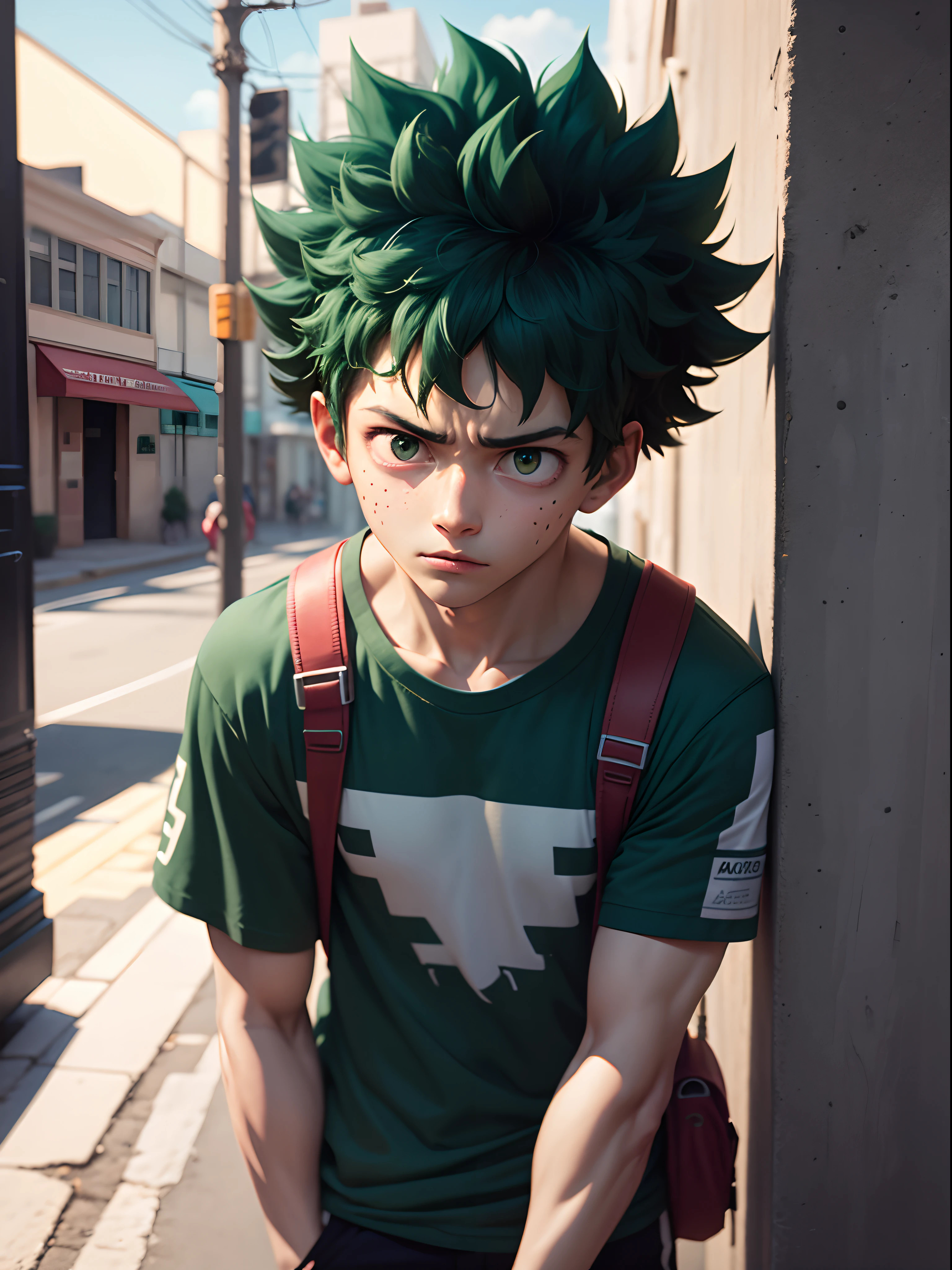 (midoriya_izuku), half body shot, street wear, A handsome boy, frontal, worried,on the street, super high detail, high real, 4K, super detail, anime boy, anime style.