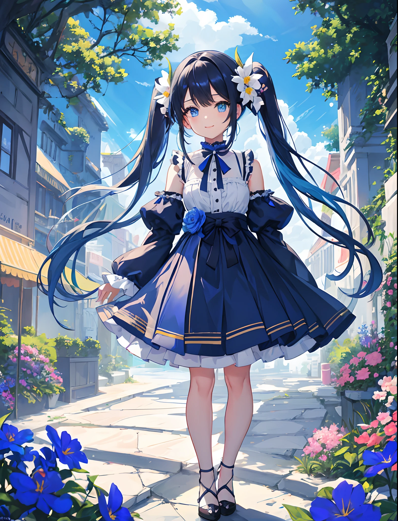masterpiece:1.2、hightquality、top-quality、hight resolution、detaileds、A hyper-realistic、1girl in、long hair with light blue twin tails,,,,,、Beautiful blue eyes、Standing in a flower garden、colorful outfit、blue-sky、full body Esbian、rainbows、Lovely smile、Cosmos flower、(A detailed face)、((foco nítido))、