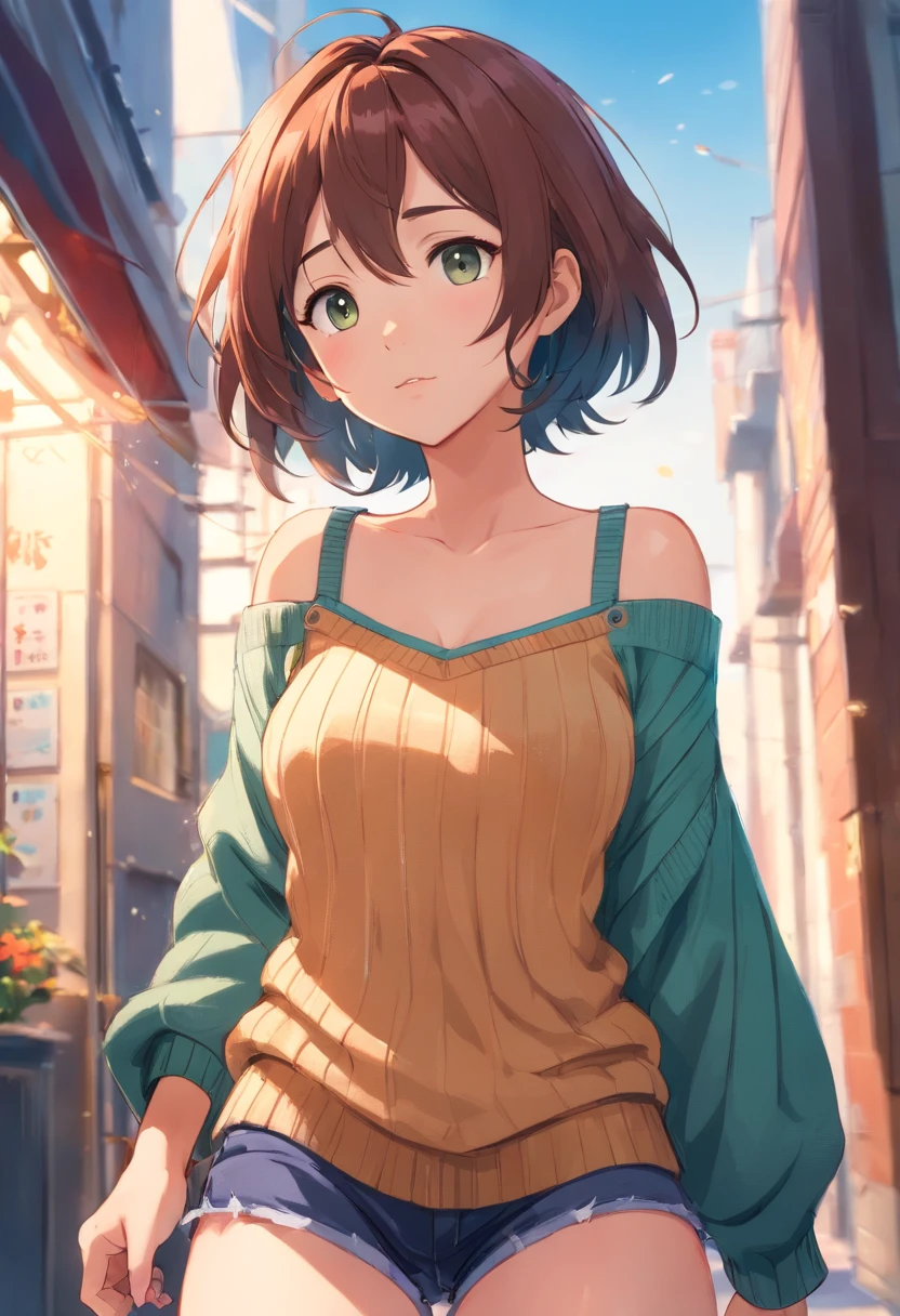 (), big boobs,(masterpiece), best quality, extremely detailed, (watercolor), bloom, delicate and beautiful, illustration, (from below),(1girl:1.4), (solo:1.2), large breasts, (ribbed sweater:1.3), off-shoulder sweater, (short shorts:1.2), bare shoulders, (underboob), ((dark skin:0.8)), beautiful eyes, (disheveled hair ), photography, over-the-shoulder shot, by Alex Maleev, professional, canon camera, nikon camera, sharp, bokeh, studio quality, fisheye lens, by Robert Capa ,