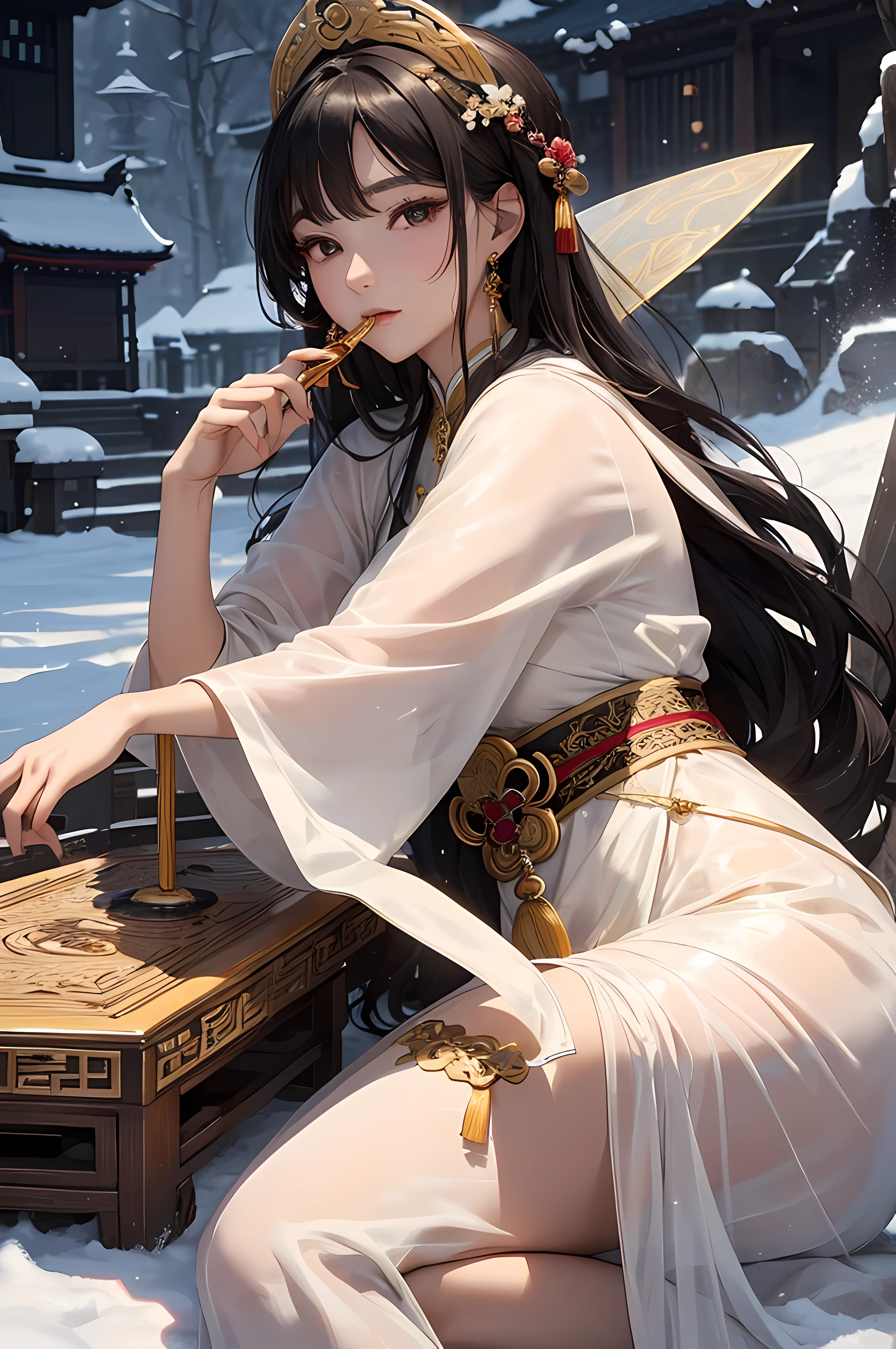 This woman is a golden elixir cultivator among several people. She has an extremely beautiful face and graceful figure. She has a mini guqin on her snow-white neck. She has a misty breath, just like a fairy.