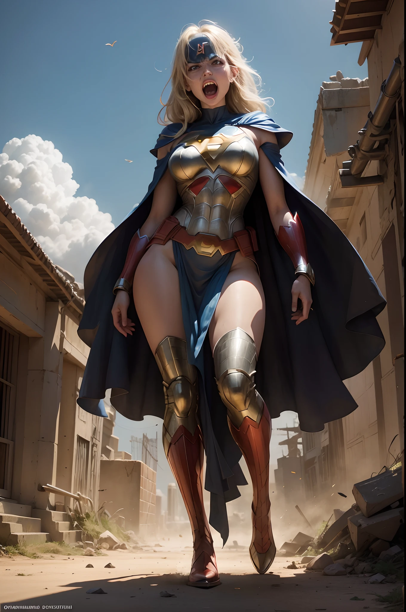 super powers, ((superhero costume)), in the middle of a battlefield, open mouth screaming, dynamic pose,