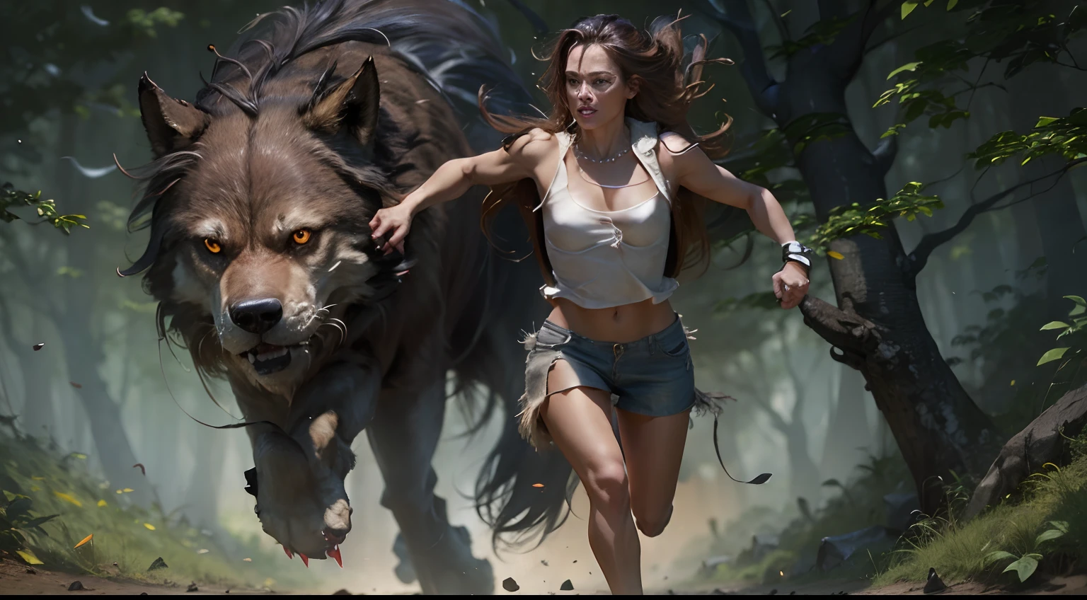 top view, forest clearance,with one beautiful woman running from one hairy werewolf stalking , realistic, high resolution, quality look, claws, menacing, brutal, feral ,not intelligent, powerful, no necklace, , illuminated by moon,