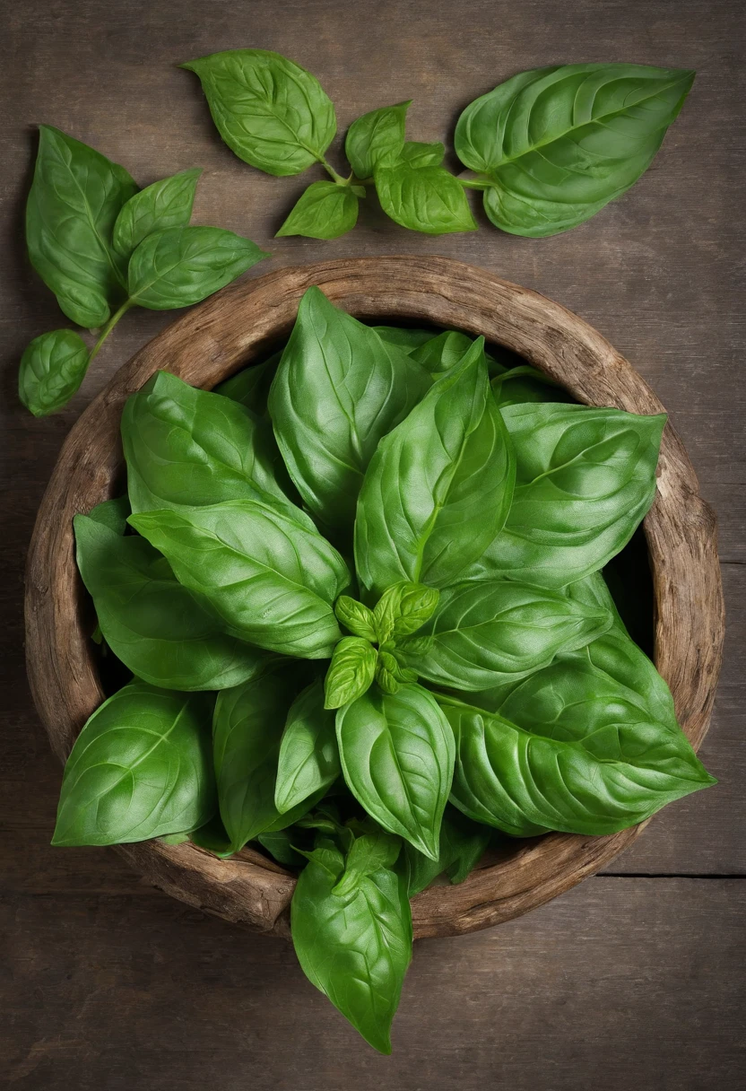 tigela de folhas verdes em uma laje de madeira com uma planta, uma foto de Jane Freeman, Pixabay, Hurufiyya, basil leaves instead of leaves, ayahuasca, verdura), imagem digital, illustration, green tea, tonalidades verdes, 1/30, #verde, very large basil leaves, baunilha, imagem renderizada, .jar, artist's interpretation