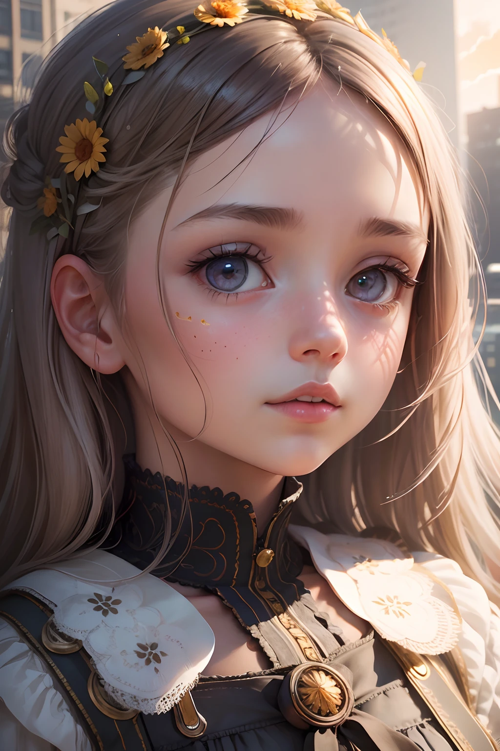 Highly detailed portrait of a girl stood on a tall building, looking at the sun, wearing a summer dress, symmetrical face, symmetrical eyes, looks into the camera, stunning photography, photorealistic, art station, soft pastel colours, highly detailed, intricate, path tracing, illustration, insanely detailed, shadow mapping volumetric light, specular lighting