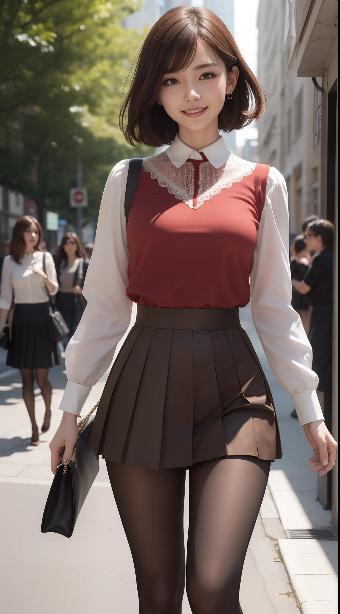 8k, masterpiece, RAW photo, best quality, photorealistic, extremely detailed CG unity 8k wallpaper, Depth of field, Cinematic Light, Lens Flare, Ray tracing, (extremely beautiful face, beautiful lips, beautiful eyes), intricate detail face, ((ultra detailed skin)) 1girl, in the dark, deep shadow, pretty asian girl, 1 girl, (very slim slender fit-muscled body:1.3), ((looking at viewer)),(big smile:1.3), (short skirt ), (red mini skirt ), pantyhose, clear eyes, walking , front shot, (pale skin), (big eyes), face forward, (red shirt), (brown hairs), ((laced blouse)),,(looking at viewer:1.3) very slim, medium breasts, (camel toe), laced black stockings, short hair, street, buildings, tree, sunny, Chanel bag, thick thighs,((laced pleated skirt))